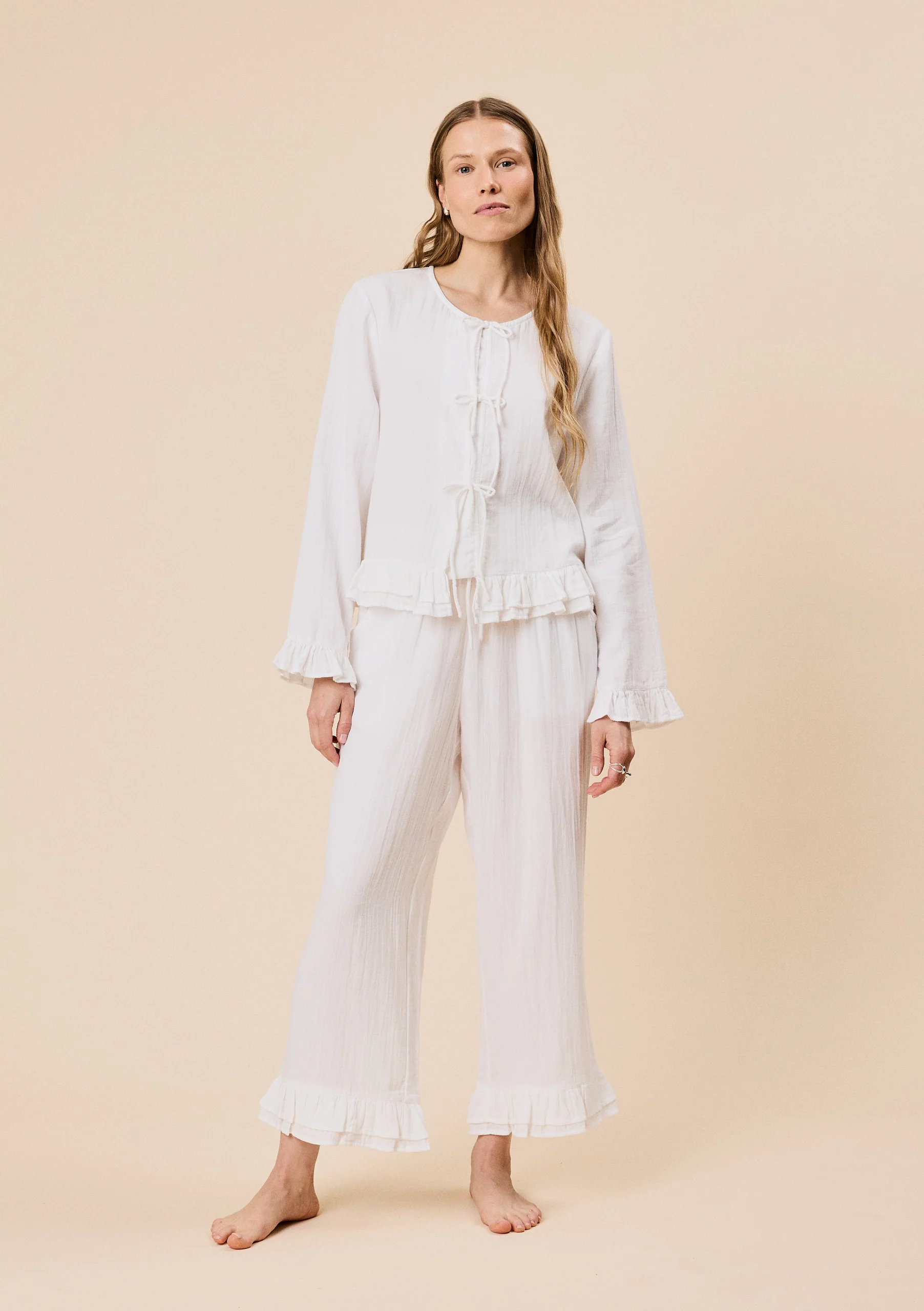 Ankle Grazer Cotton Pyjamas in White Ruffle