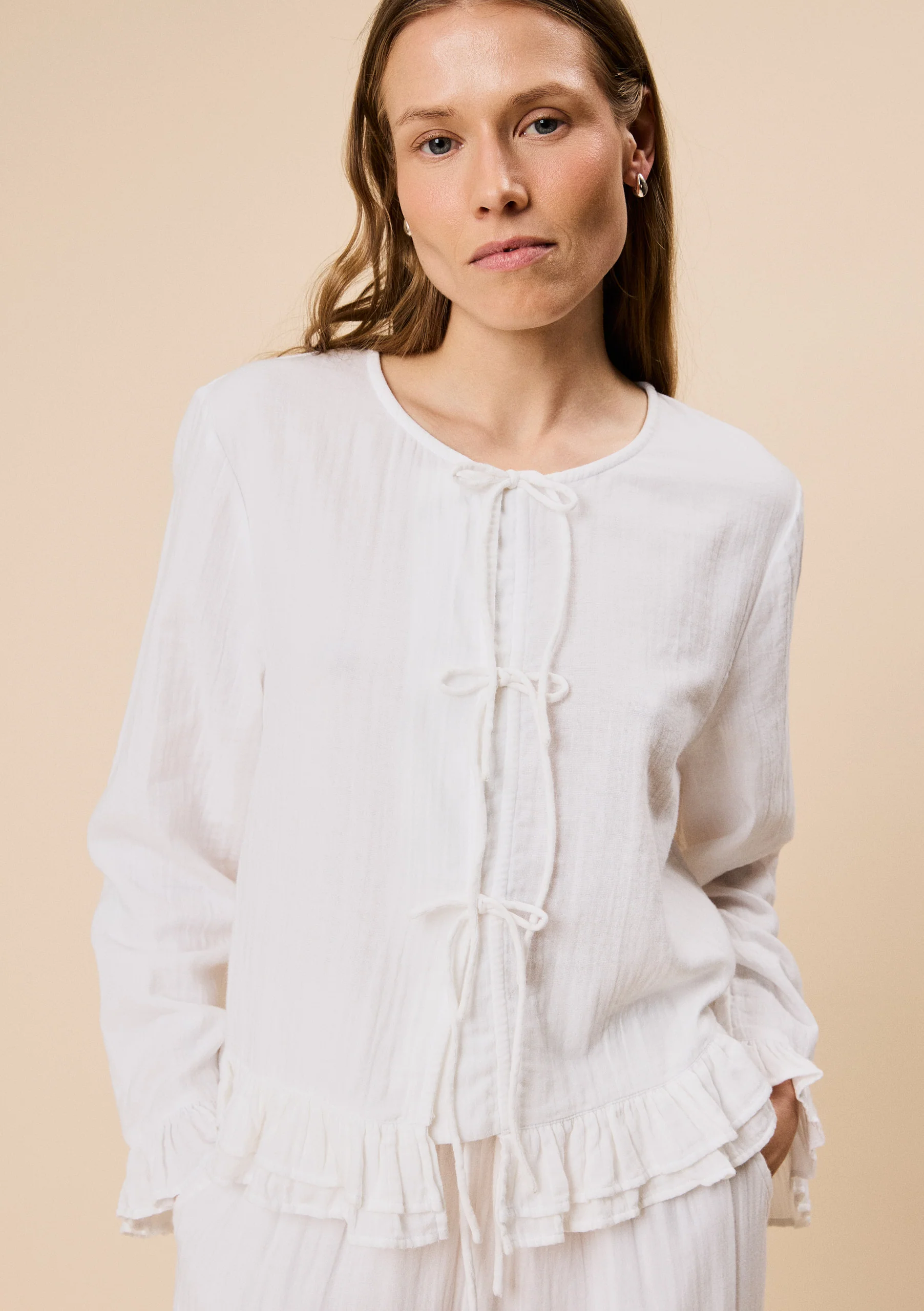 Ankle Grazer Cotton Pyjamas in White Ruffle - Image 2