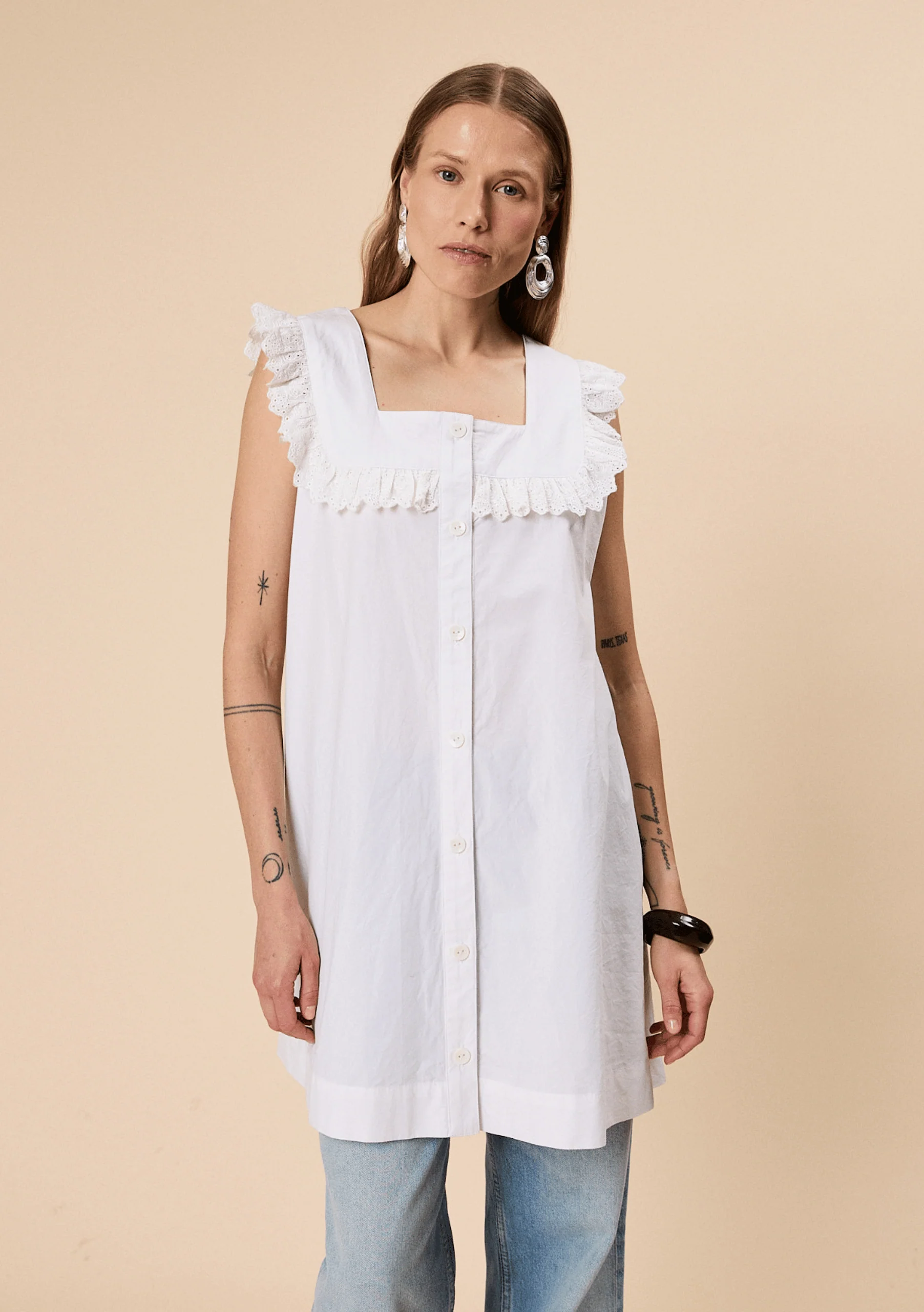 Cotton Broderie Sleeveless Dress in White