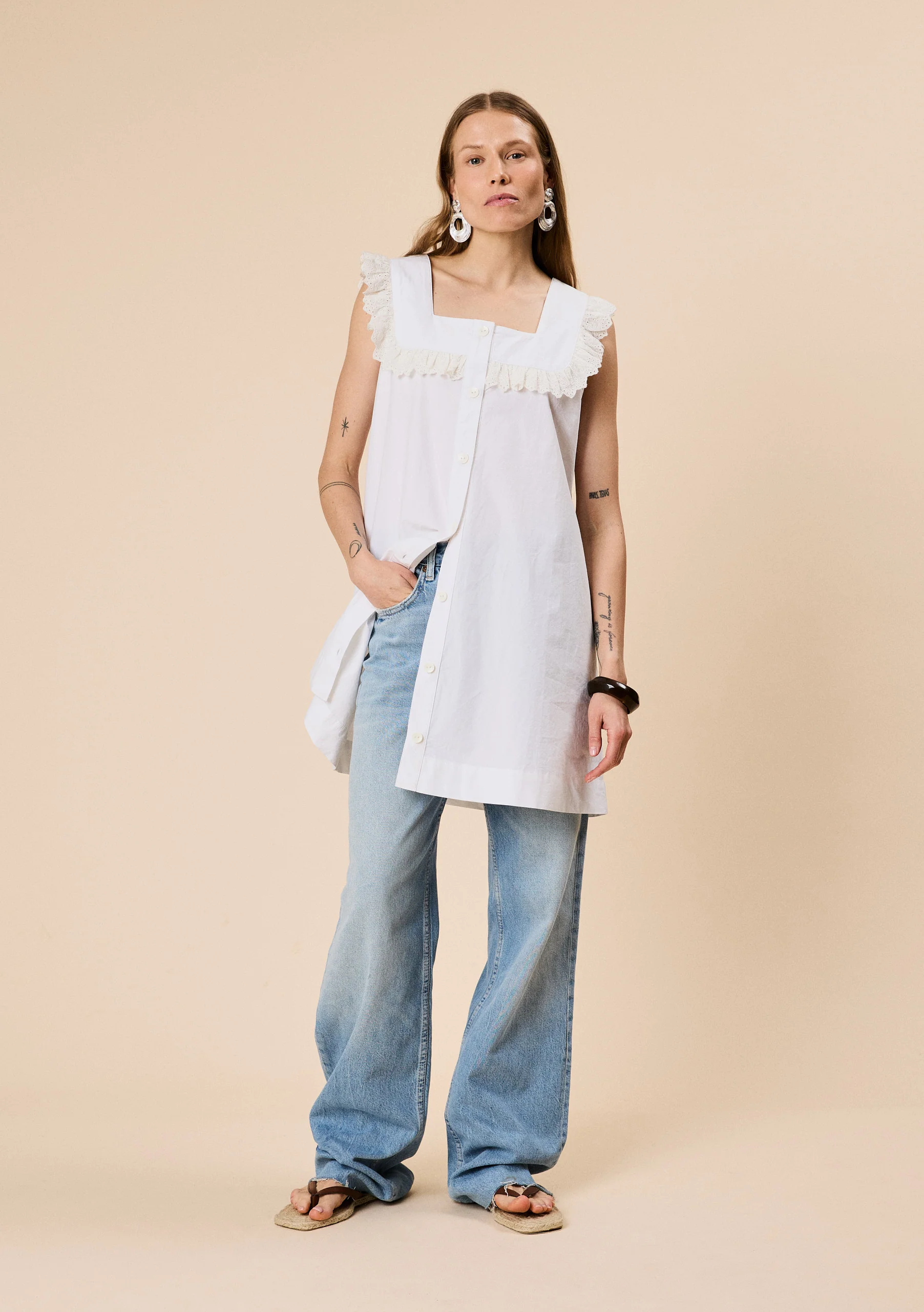 Cotton Broderie Sleeveless Dress in White - Image 2