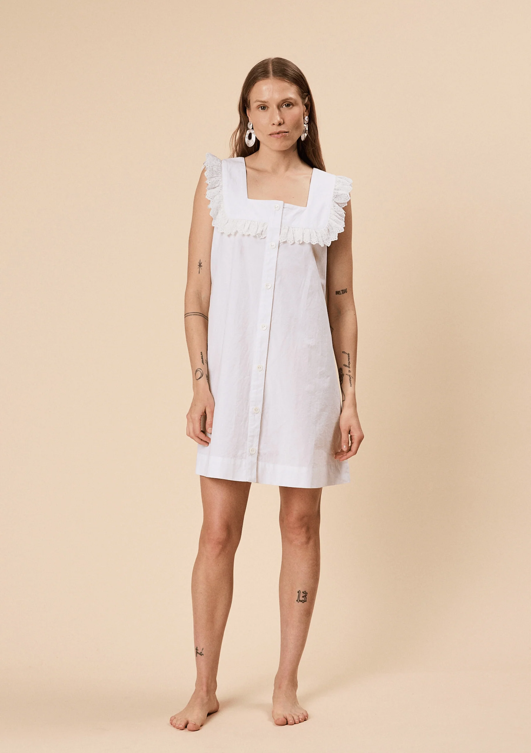 Cotton Broderie Sleeveless Dress in White - Image 3