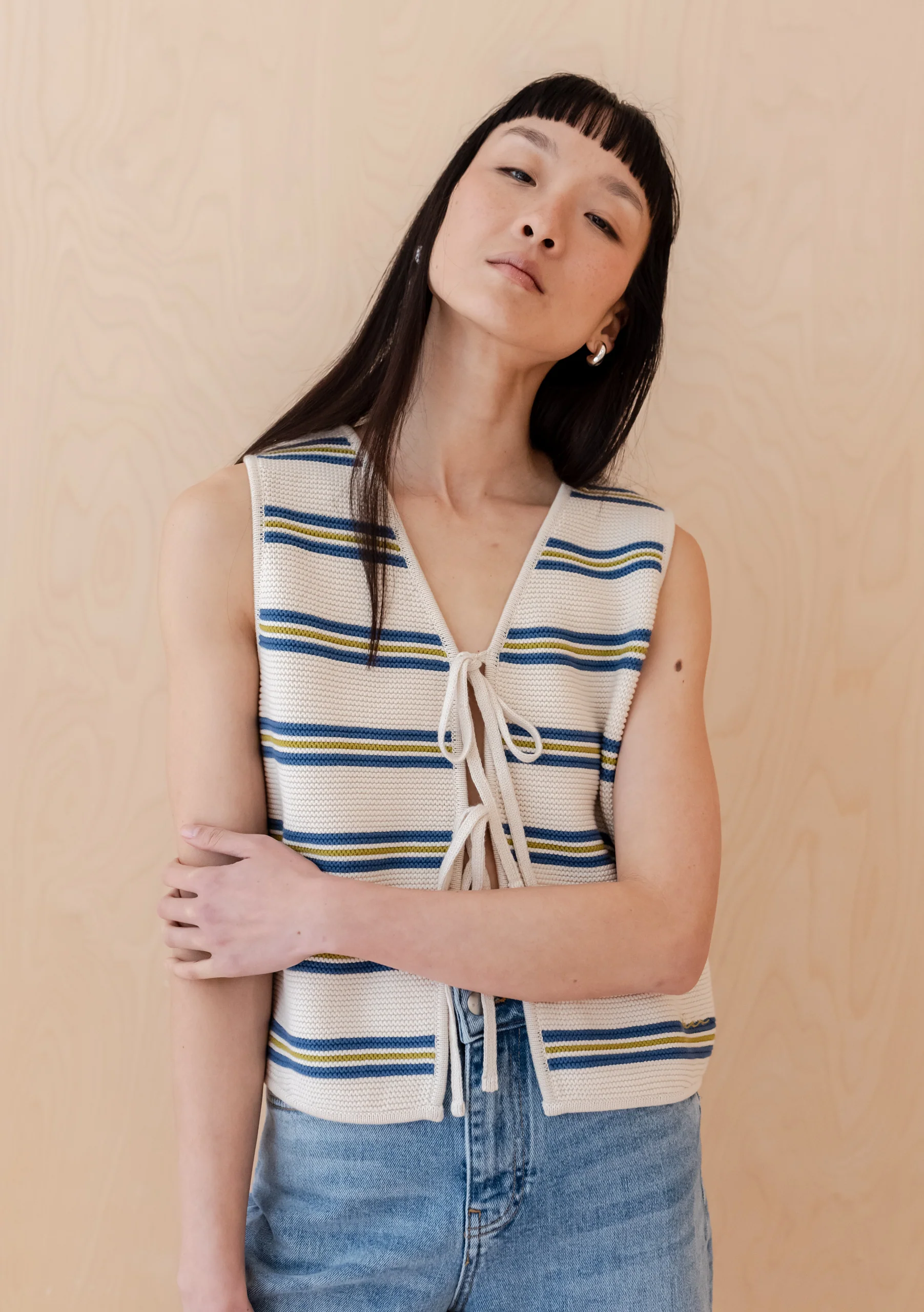 Cotton Knitted Vest in Blue Stripe - Image 4