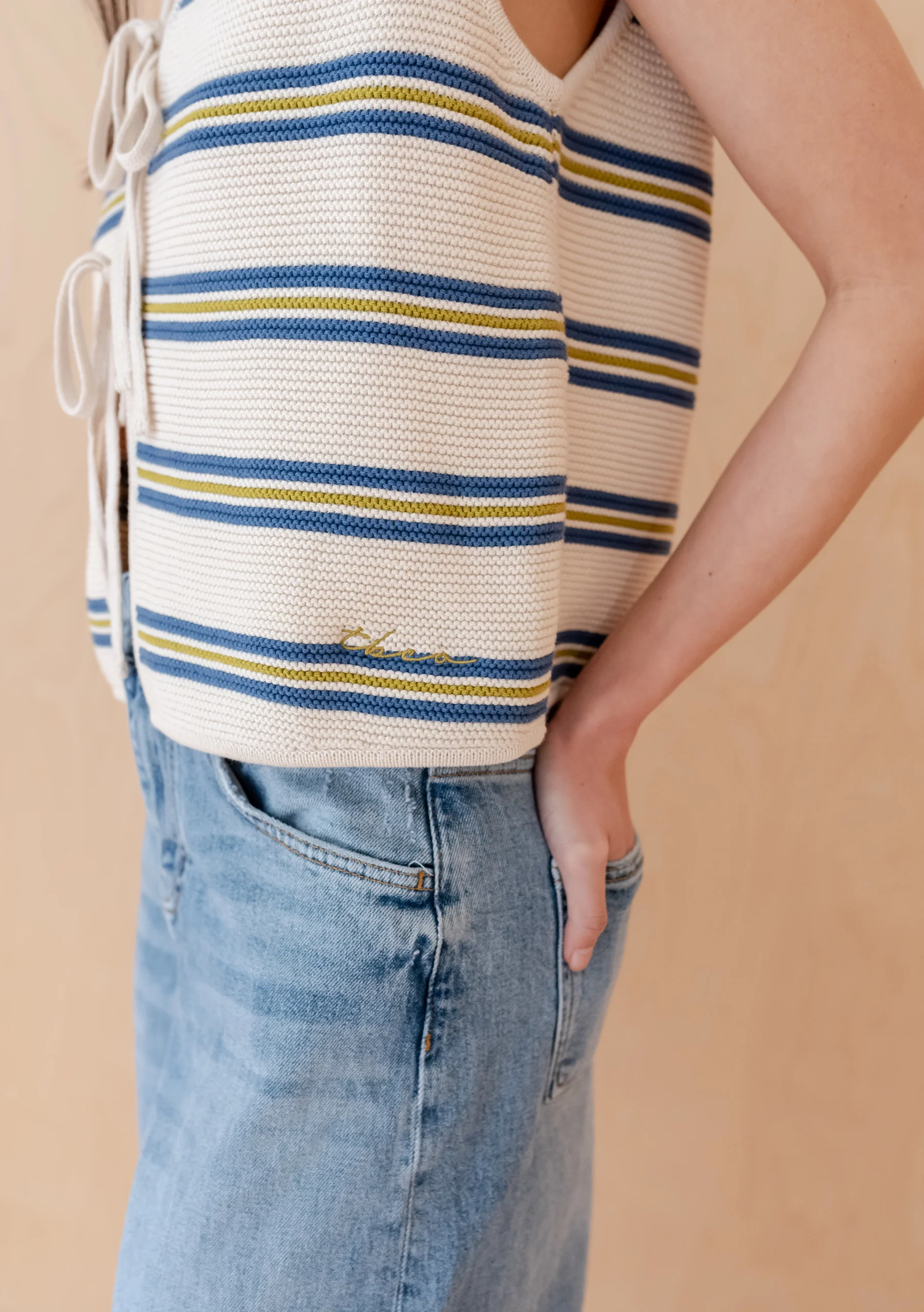 Cotton Knitted Vest in Blue Stripe - Image 5