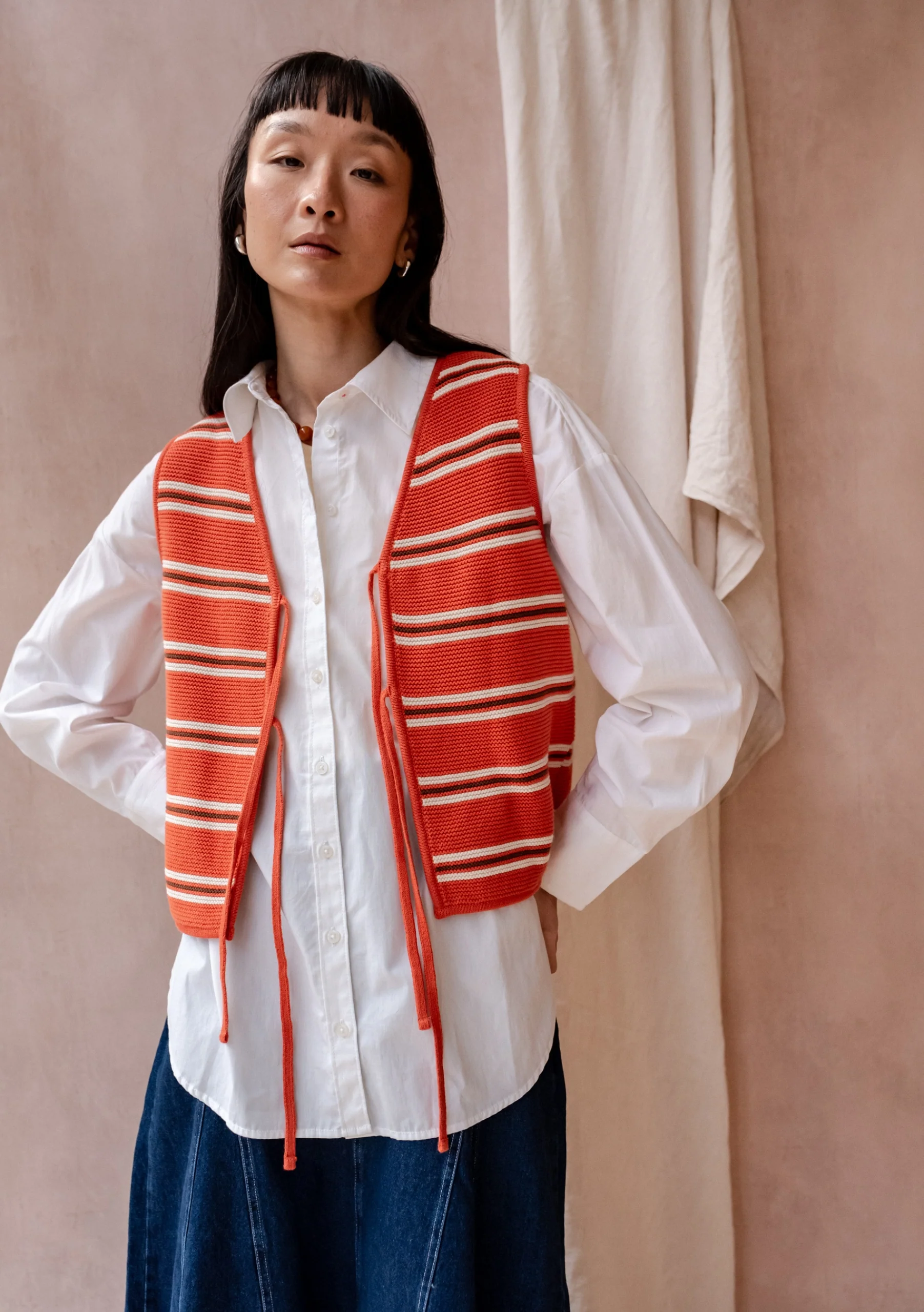 Cotton Knitted Vest in Tangerine Stripe - Image 3