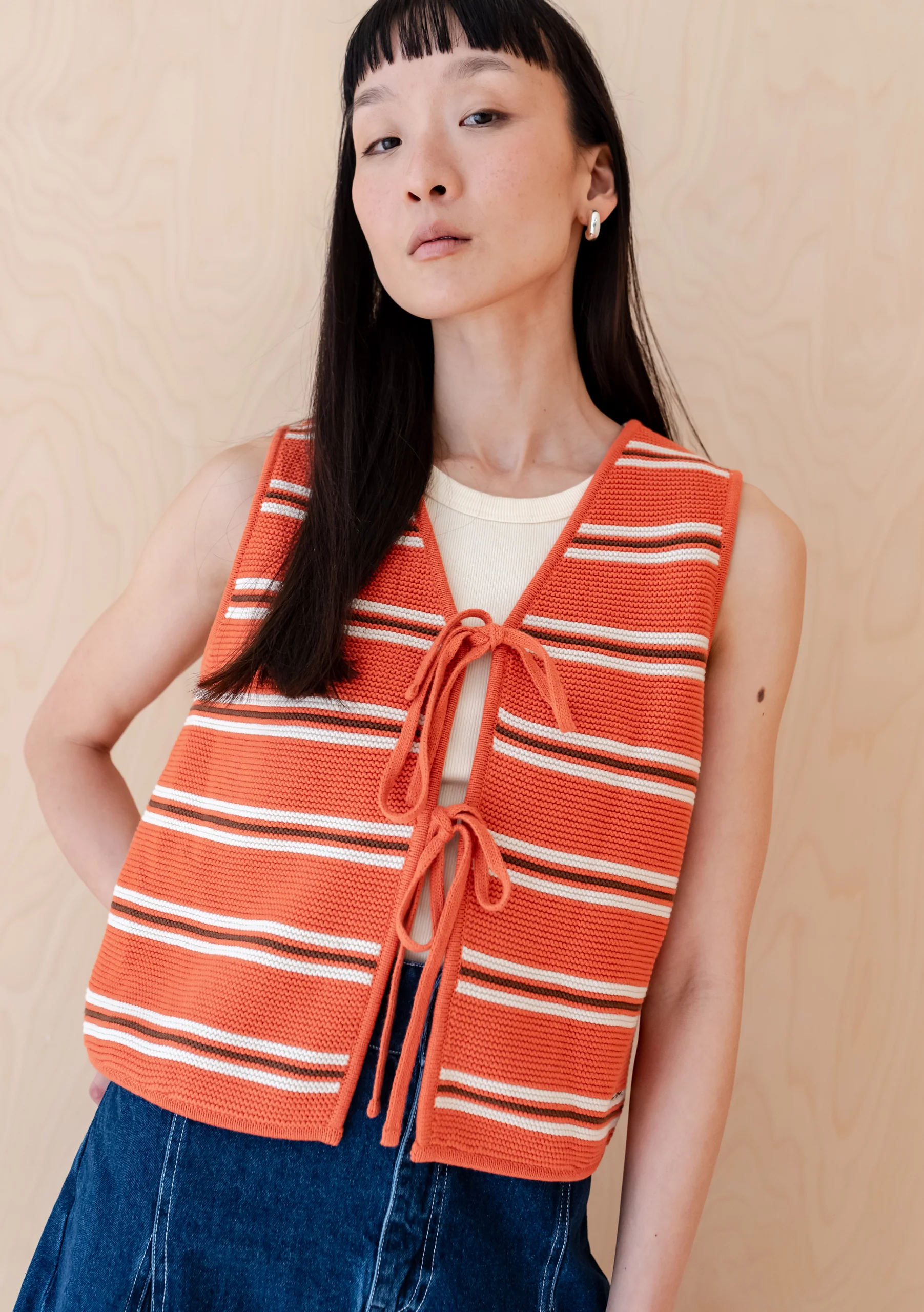 Cotton Knitted Vest in Tangerine Stripe - Image 5