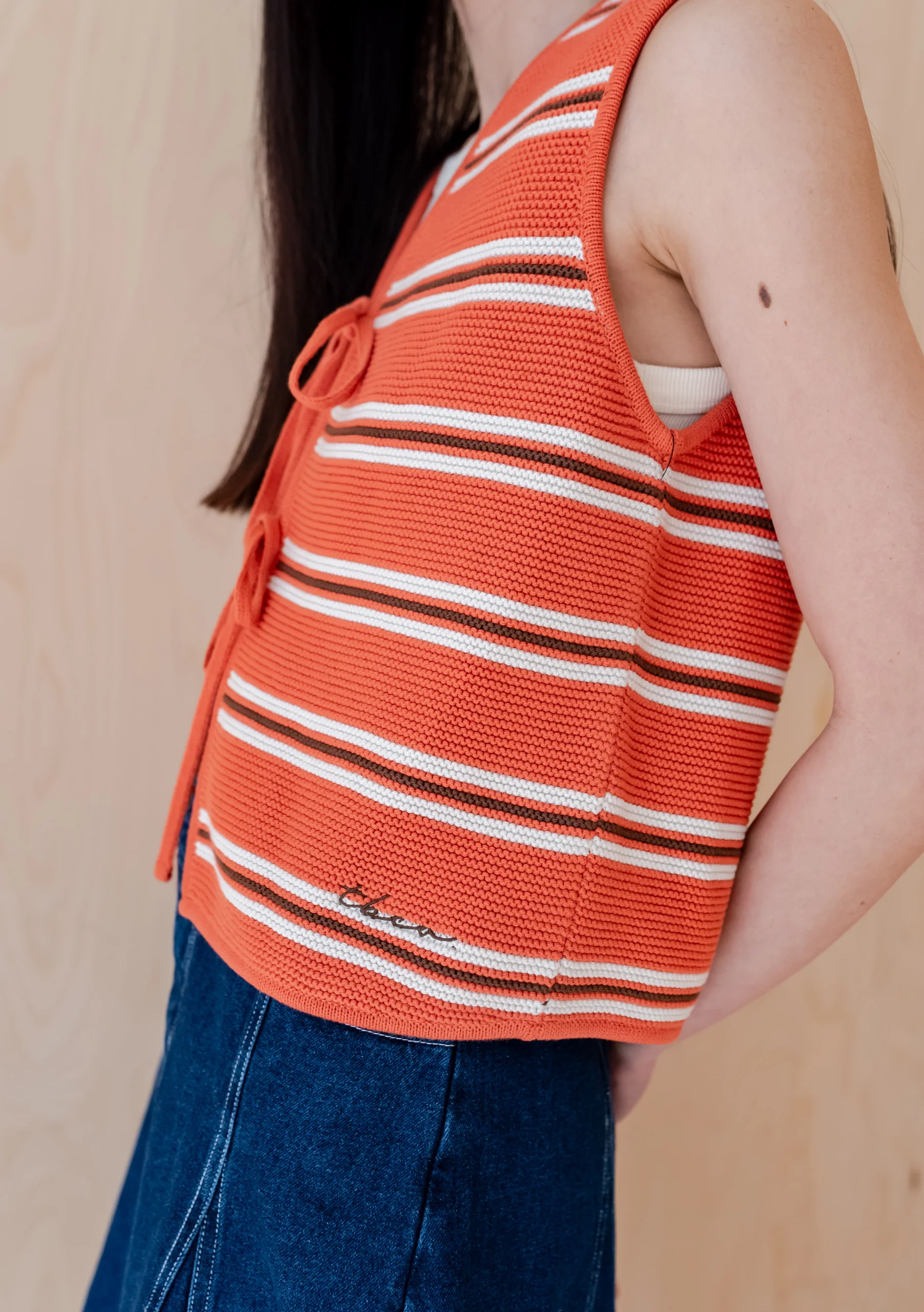 Cotton Knitted Vest in Tangerine Stripe - Image 6
