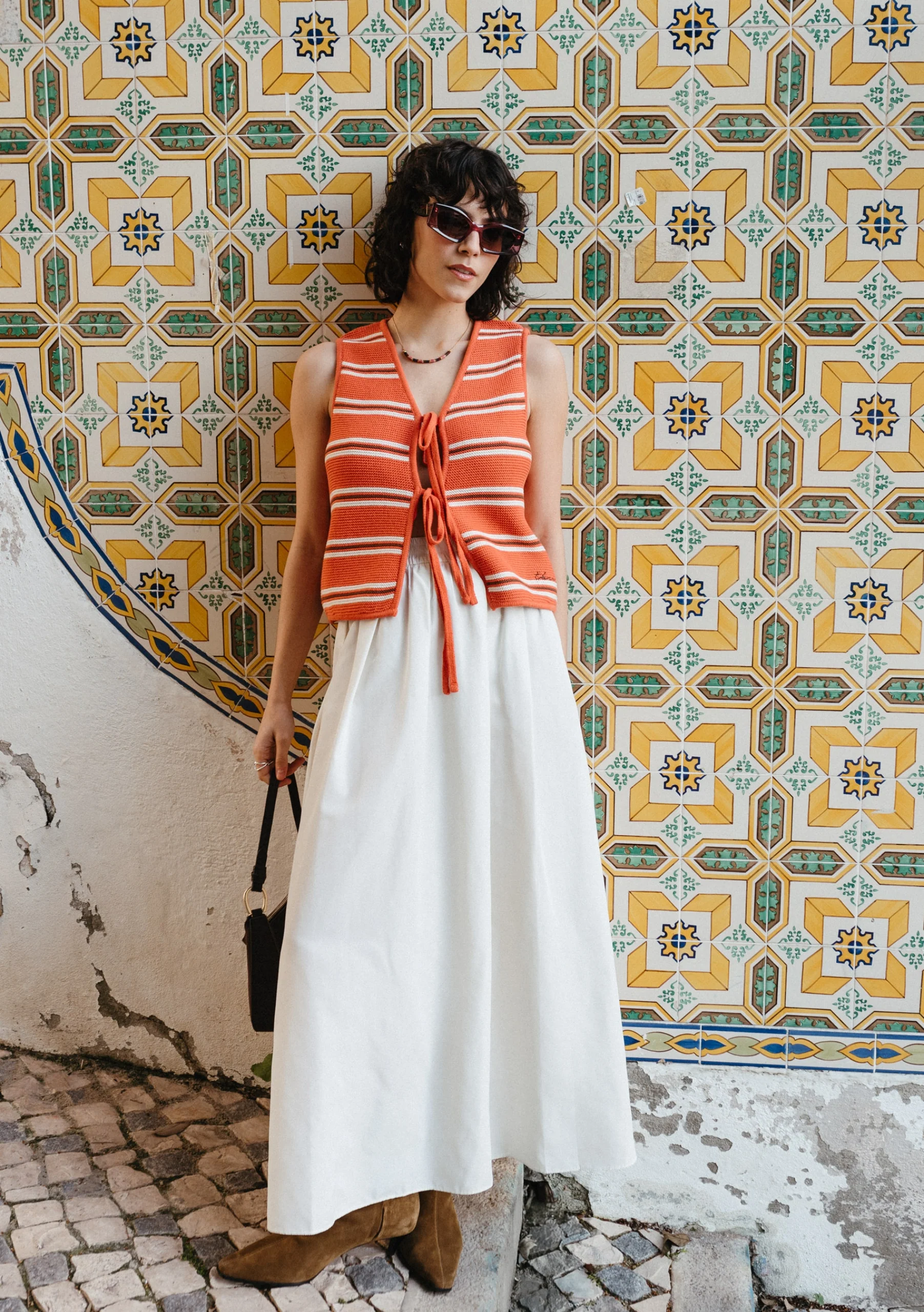 Cotton Knitted Vest in Tangerine Stripe - Image 7