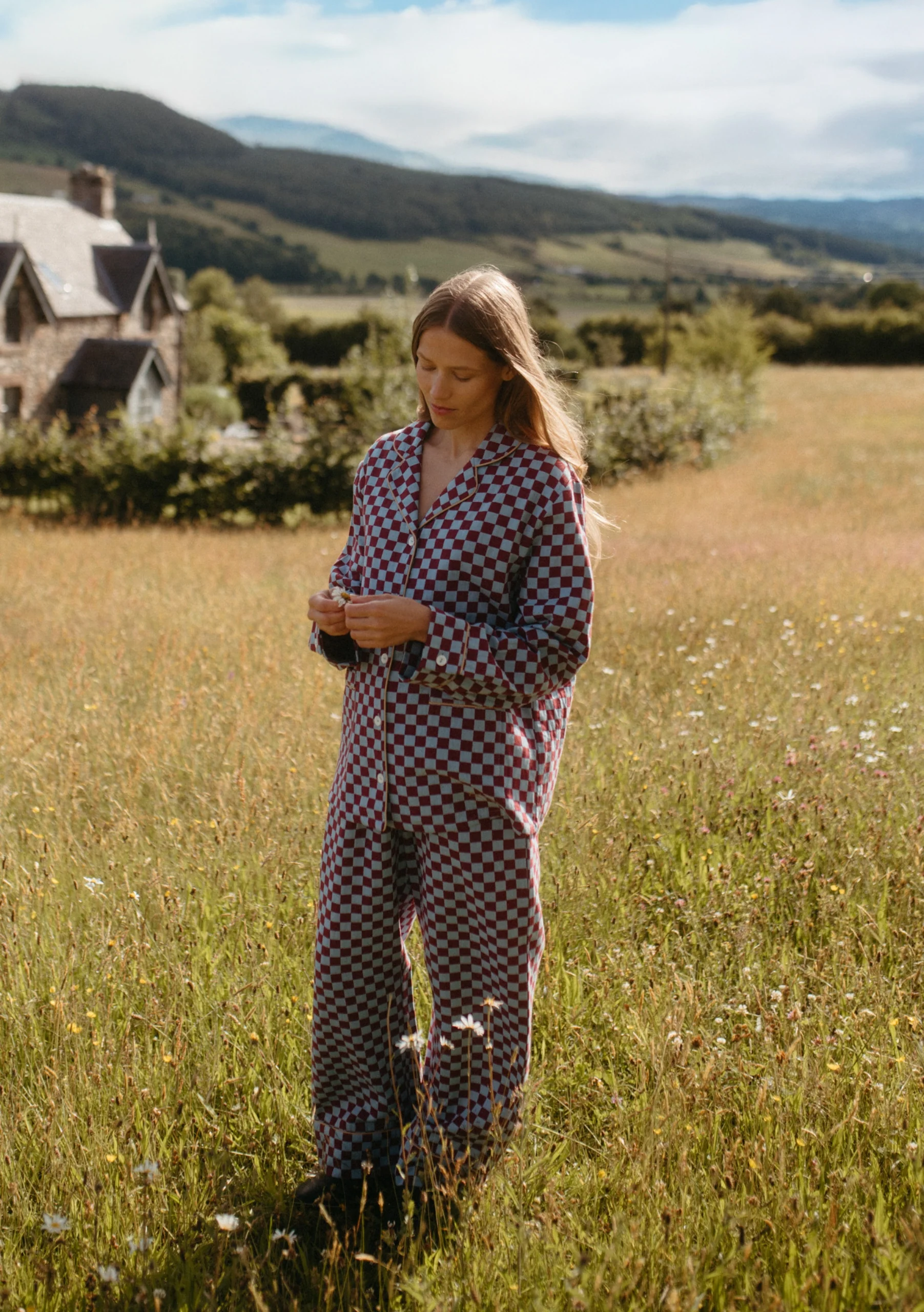 Cotton Pyjamas in Blue Checkerboard - Image 2