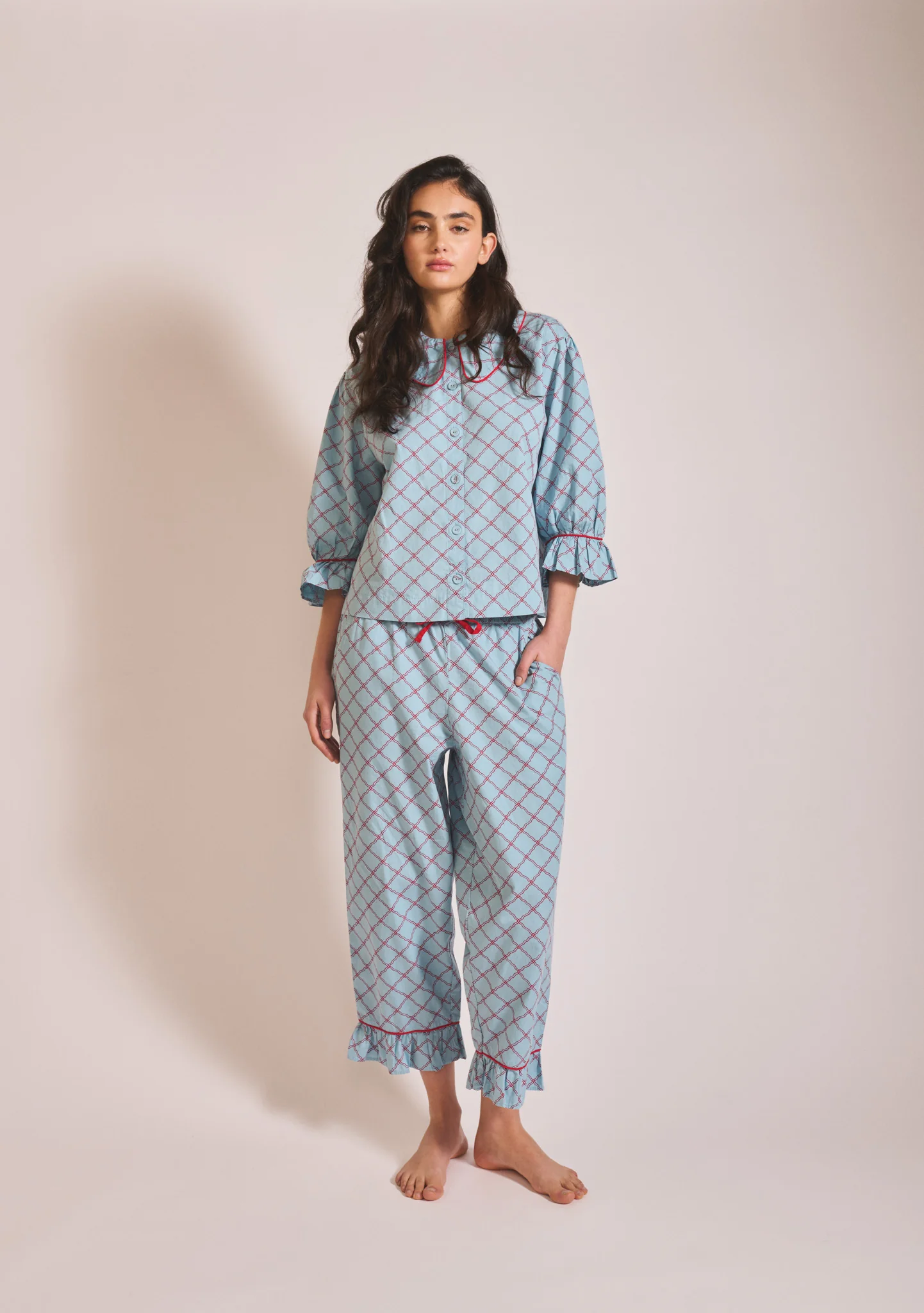 Cropped Cotton Pyjamas in Blue Lattice - Image 3