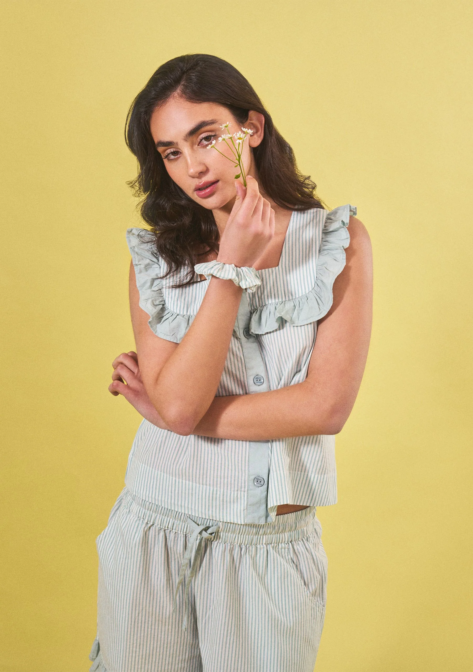 Cotton Pyjamas in Blue Stripe Ruffle - Image 2