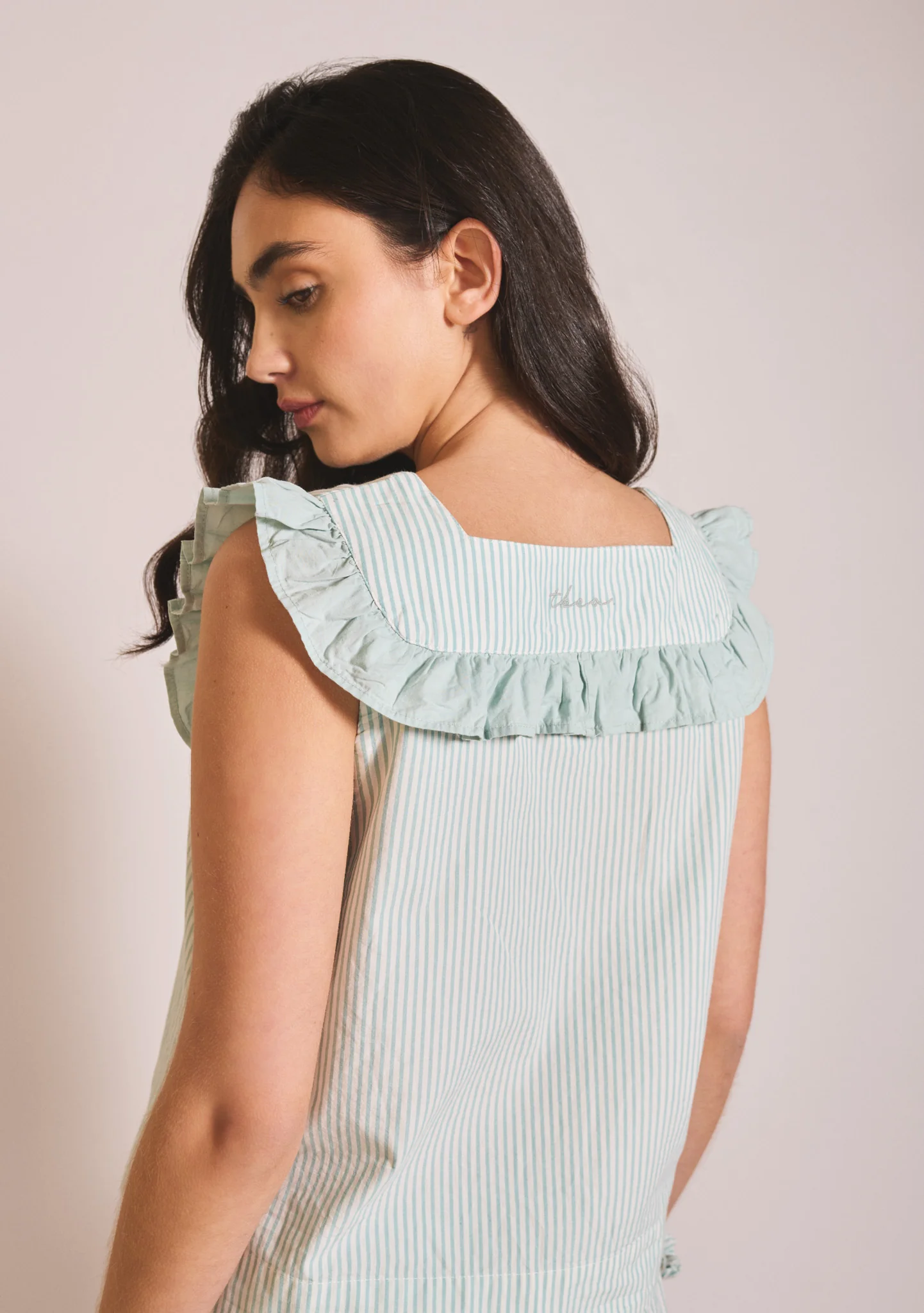 Cotton Pyjamas in Blue Stripe Ruffle - Image 4
