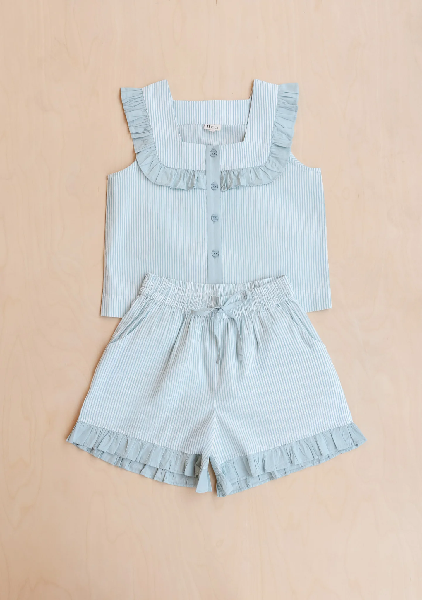 Cotton Pyjamas in Blue Stripe Ruffle - Image 7