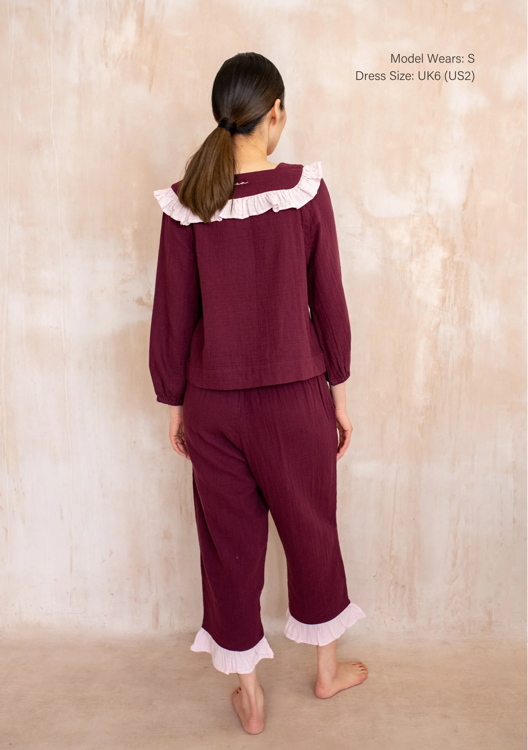 Cropped Cotton Pyjamas in Burgundy Ruffle - Image 3