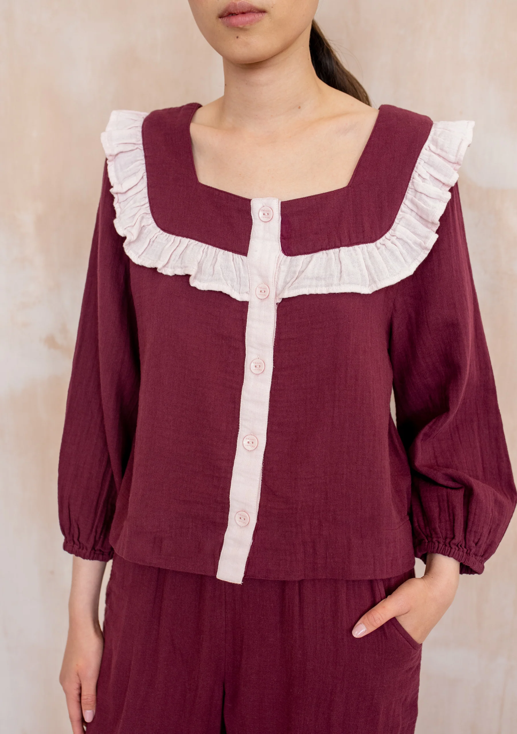 Cropped Cotton Pyjamas in Burgundy Ruffle - Image 4
