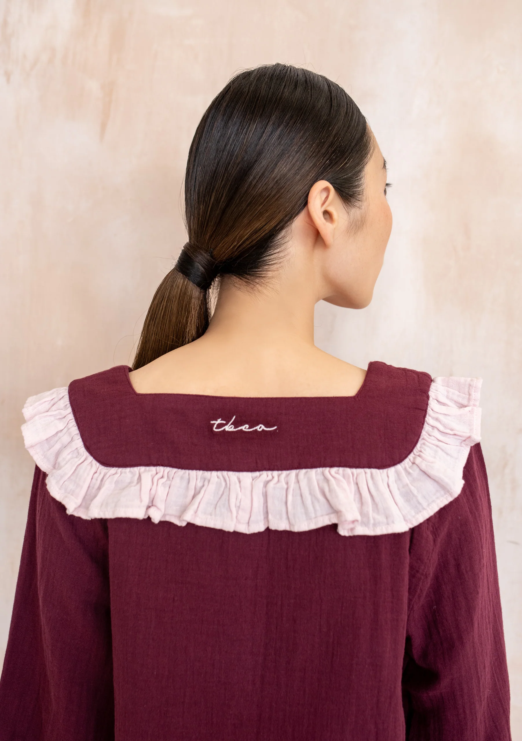 Cropped Cotton Pyjamas in Burgundy Ruffle - Image 5