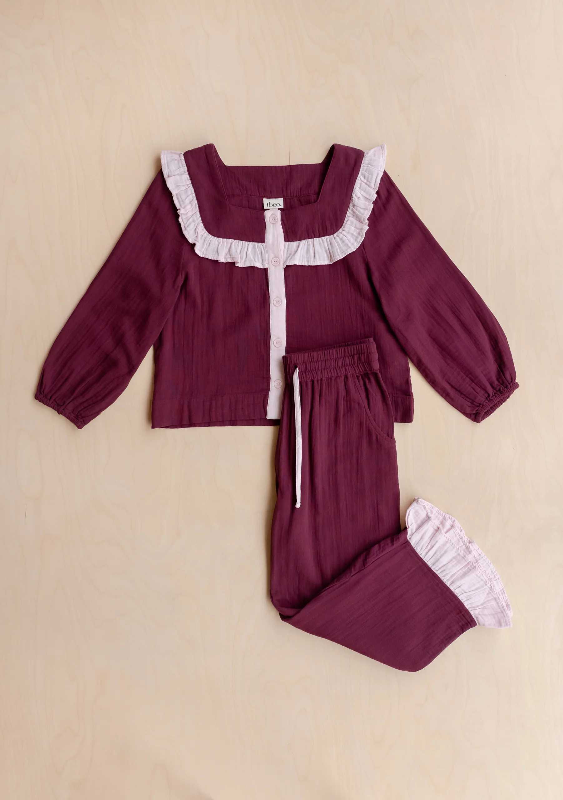 Cropped Cotton Pyjamas in Burgundy Ruffle - Image 6