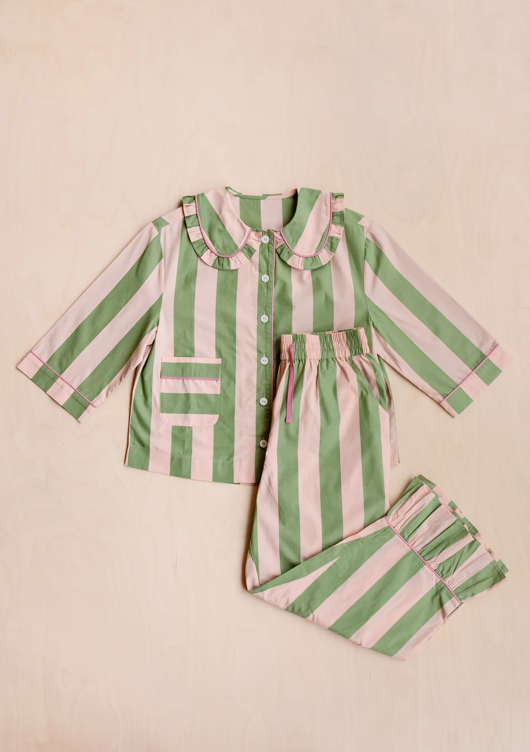 Cropped Cotton Pyjamas in Green Stripe - Image 4