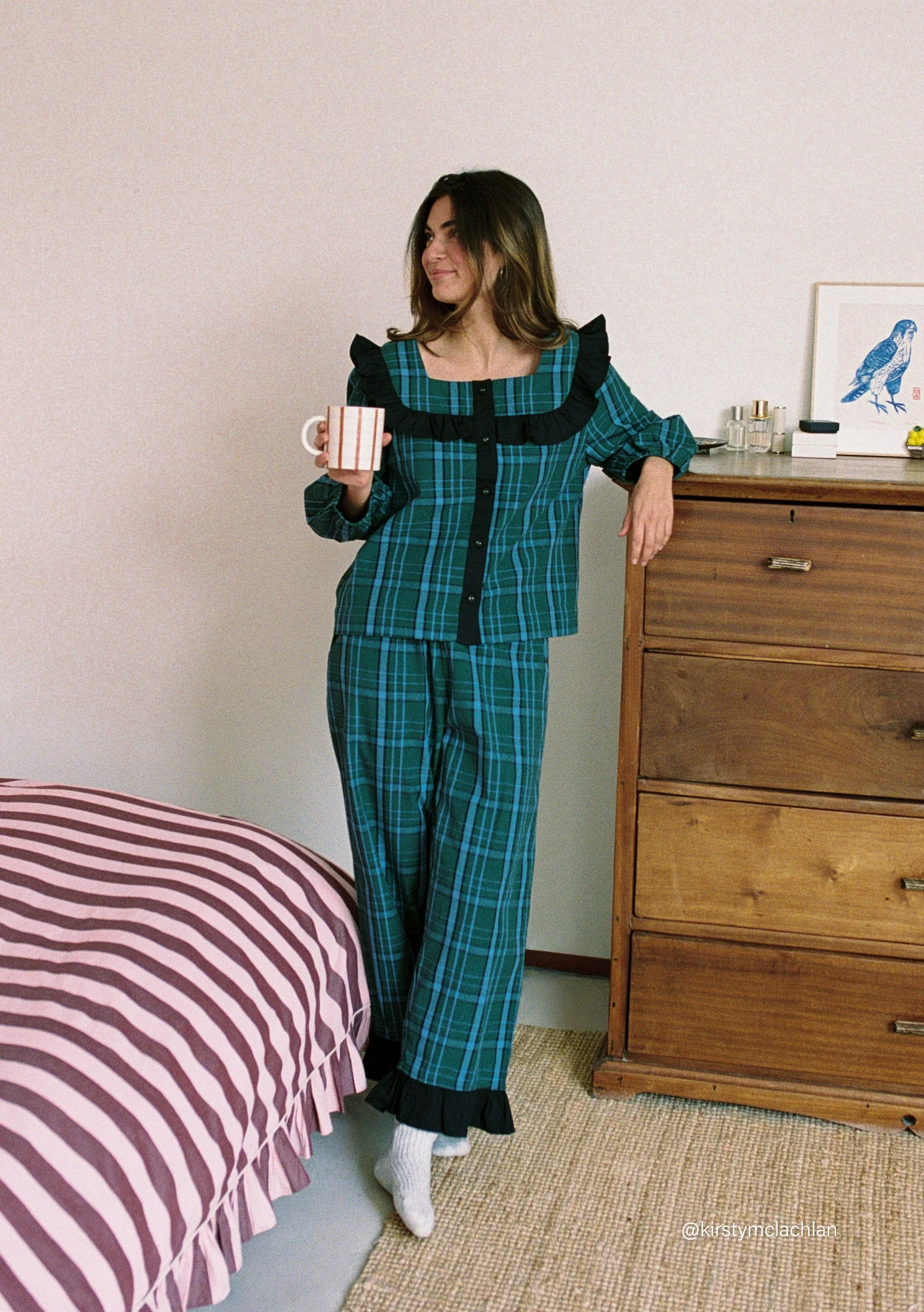 Cropped Cotton Pyjamas in Green Tartan