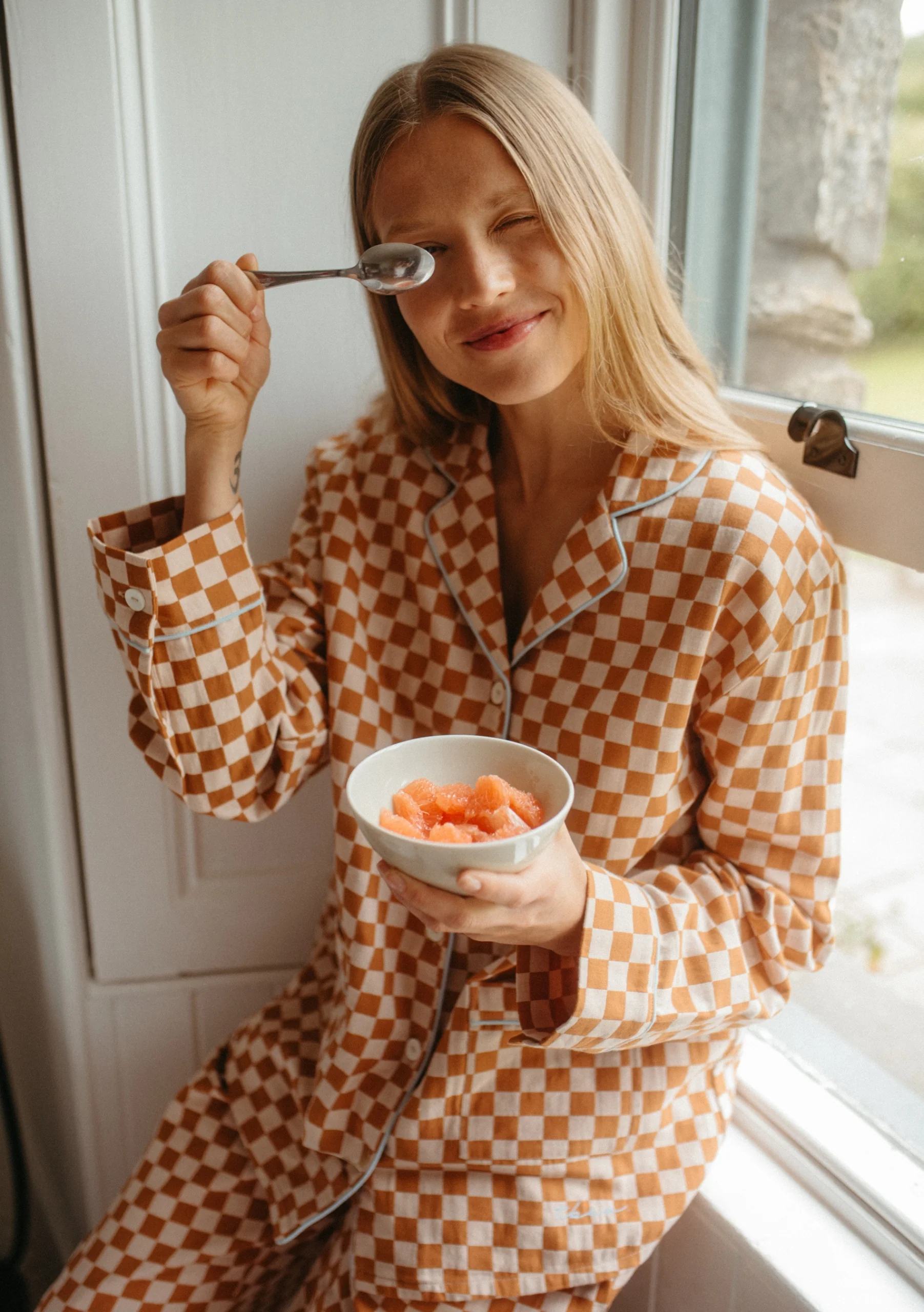 Cotton Pyjamas in Honey Checkerboard - Image 2