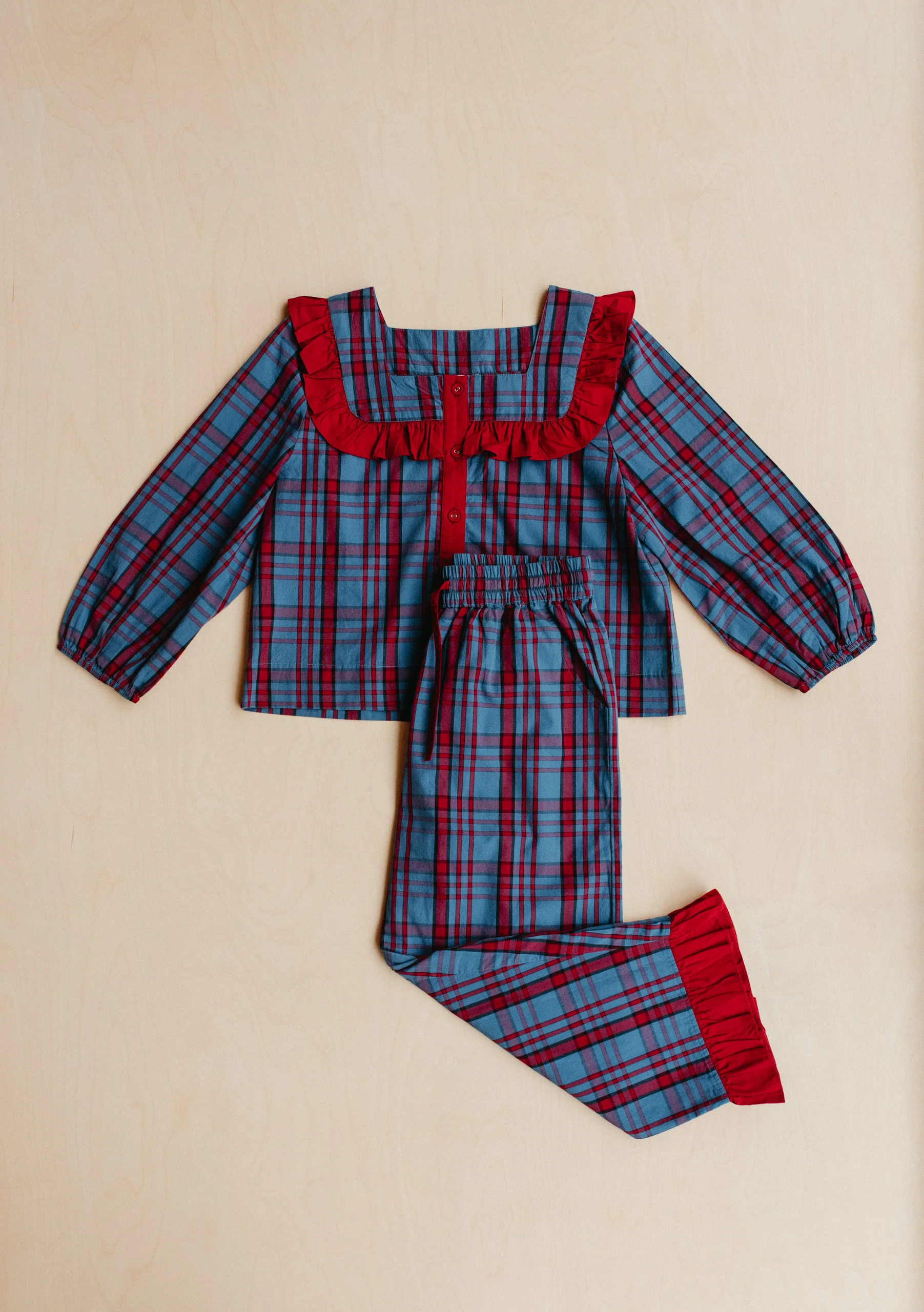 Cropped Cotton Pyjamas in Navy Tartan - Image 6