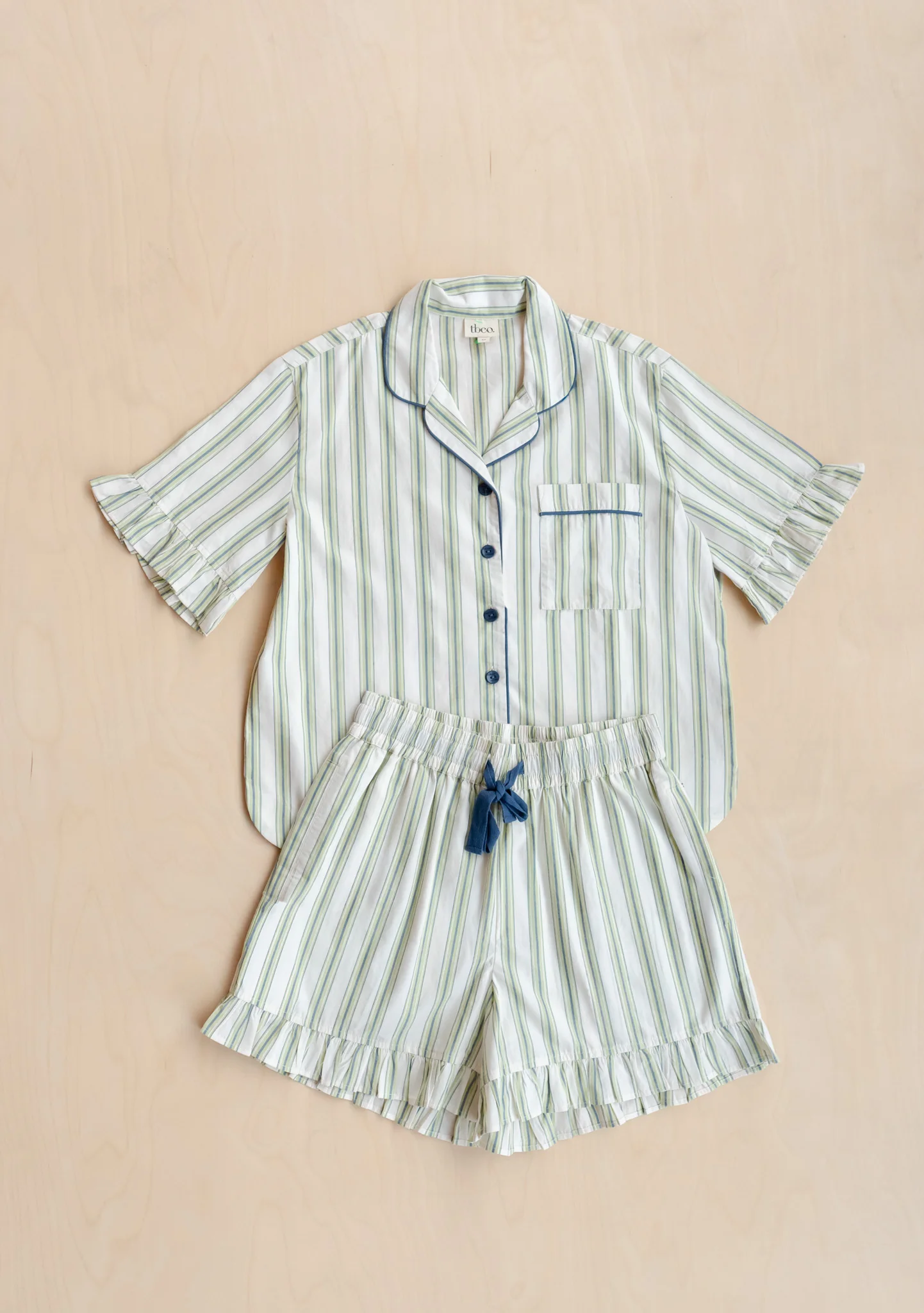 Cotton Pyjamas in Olive Stripe Ruffle - Image 10