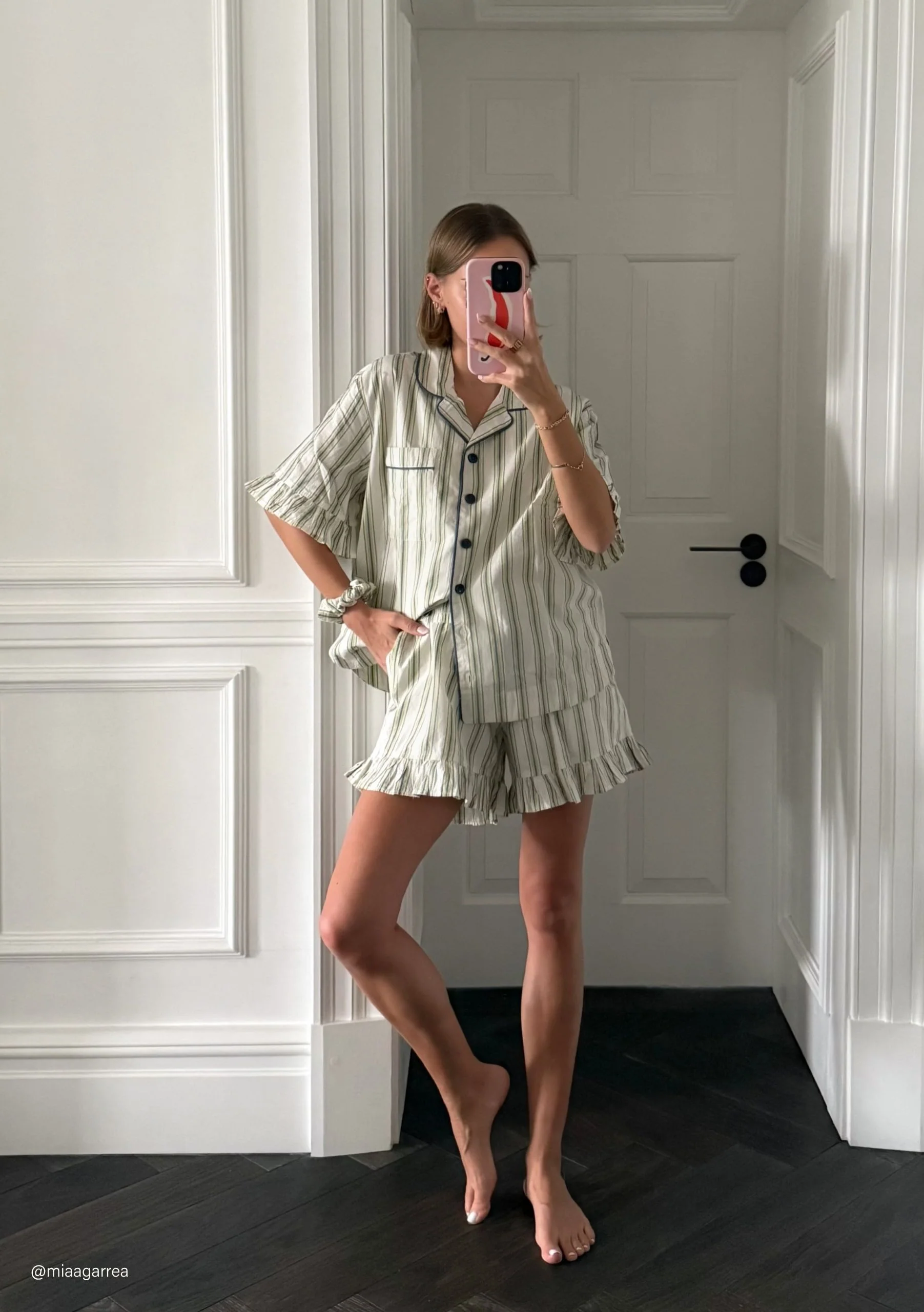 Cotton Pyjamas in Olive Stripe Ruffle - Image 2