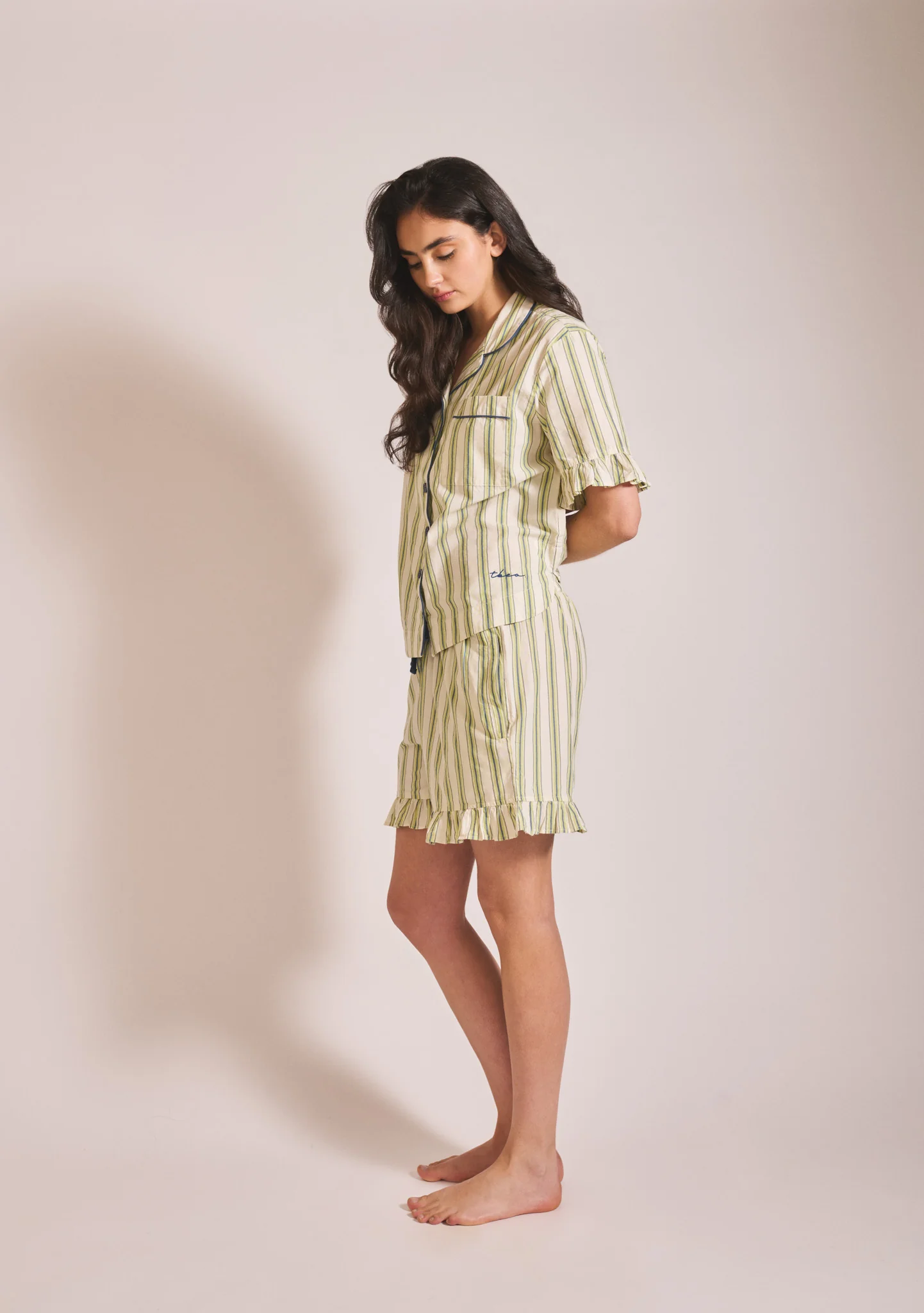 Cotton Pyjamas in Olive Stripe Ruffle - Image 4
