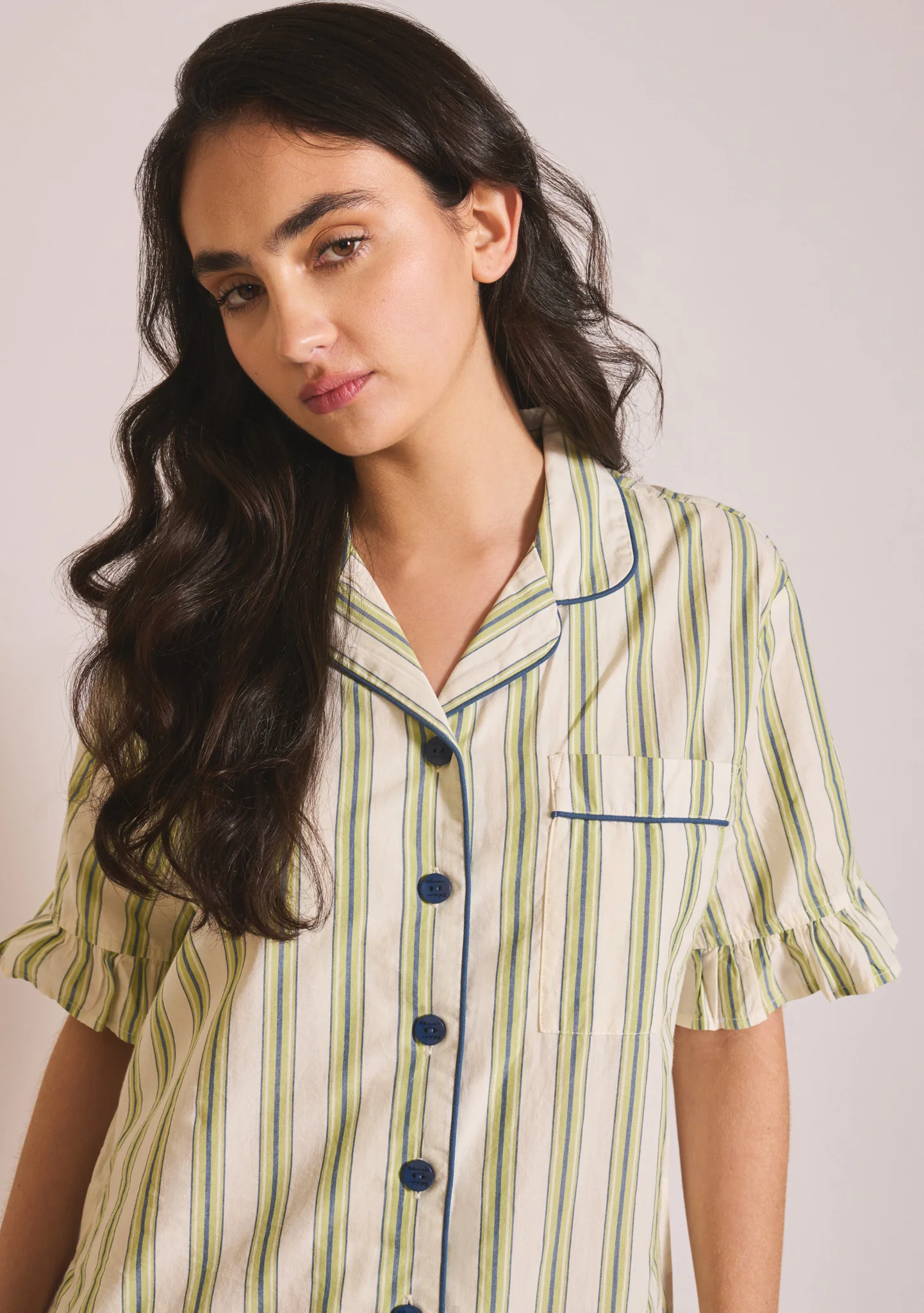 Cotton Pyjamas in Olive Stripe Ruffle - Image 5