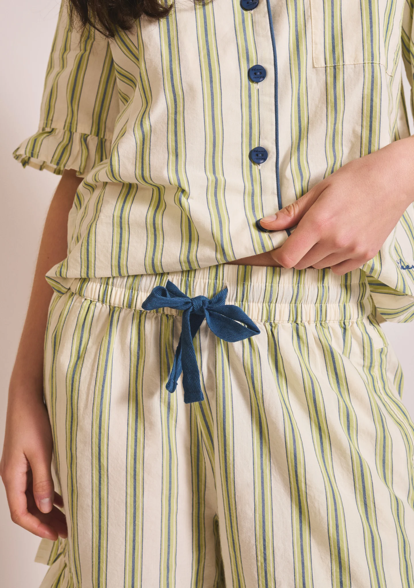 Cotton Pyjamas in Olive Stripe Ruffle - Image 6