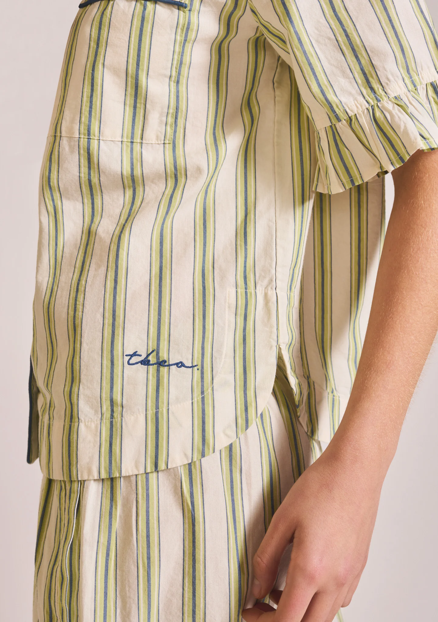 Cotton Pyjamas in Olive Stripe Ruffle - Image 7