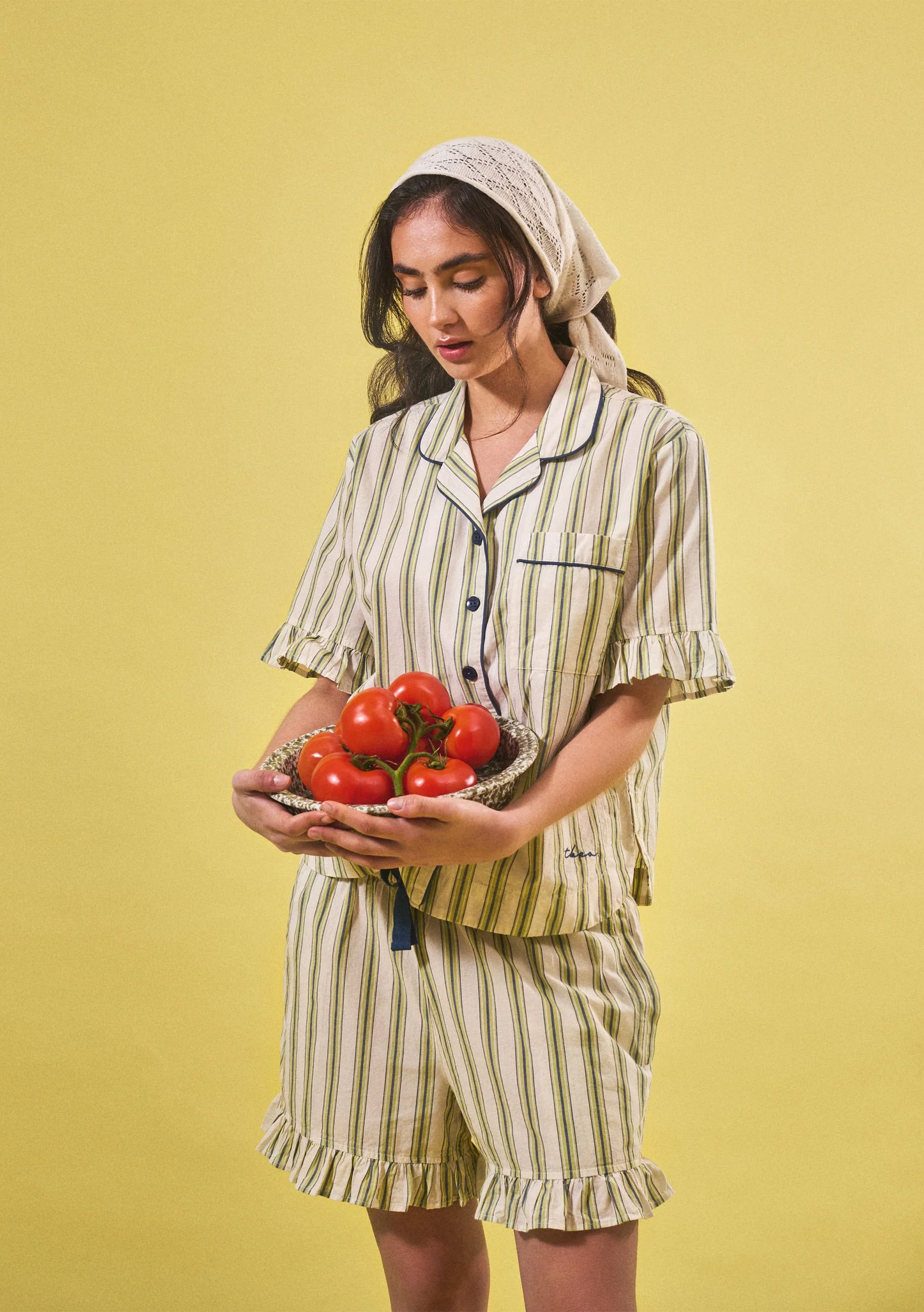Cotton Pyjamas in Olive Stripe Ruffle - Image 8
