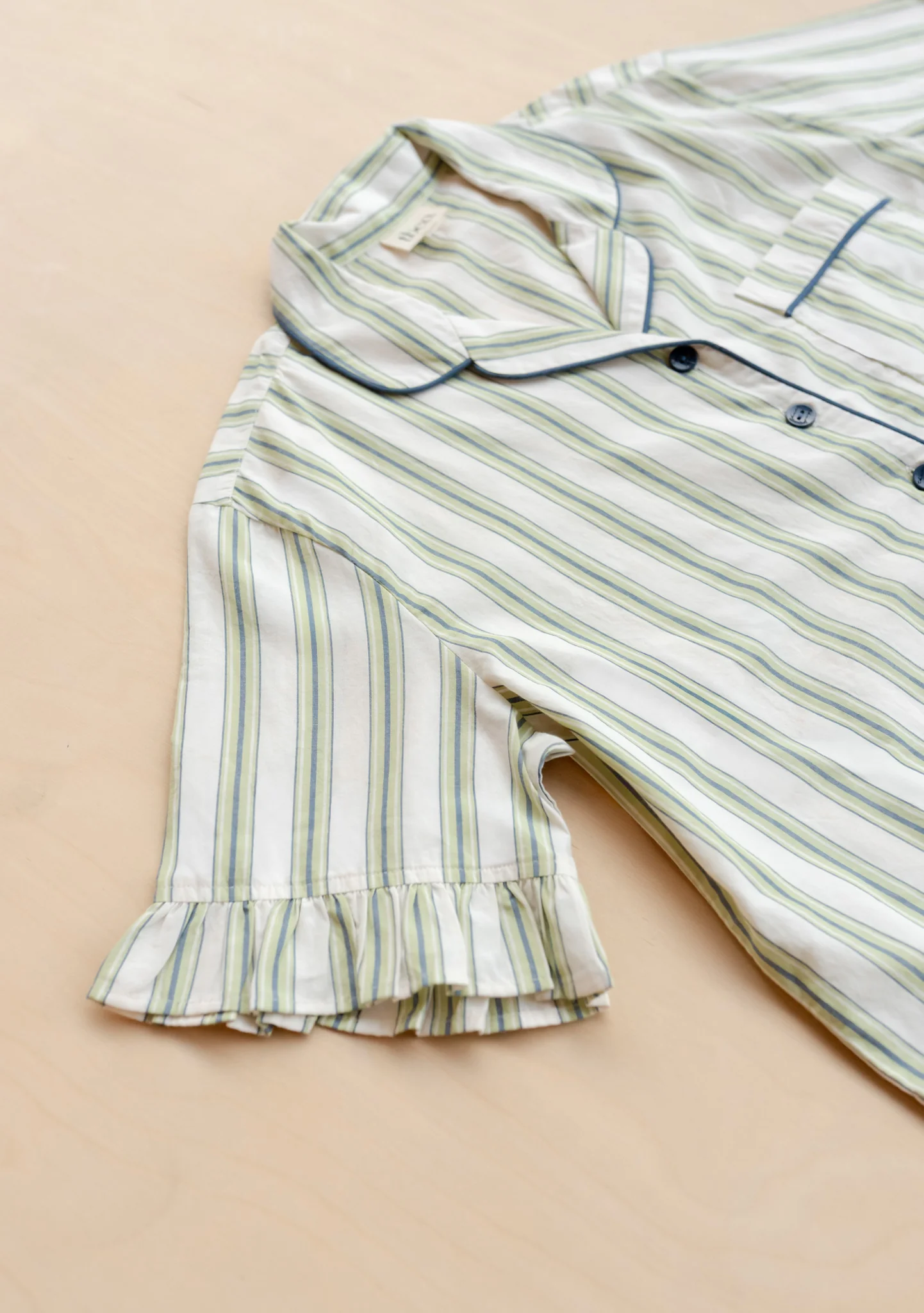 Cotton Pyjamas in Olive Stripe Ruffle - Image 9