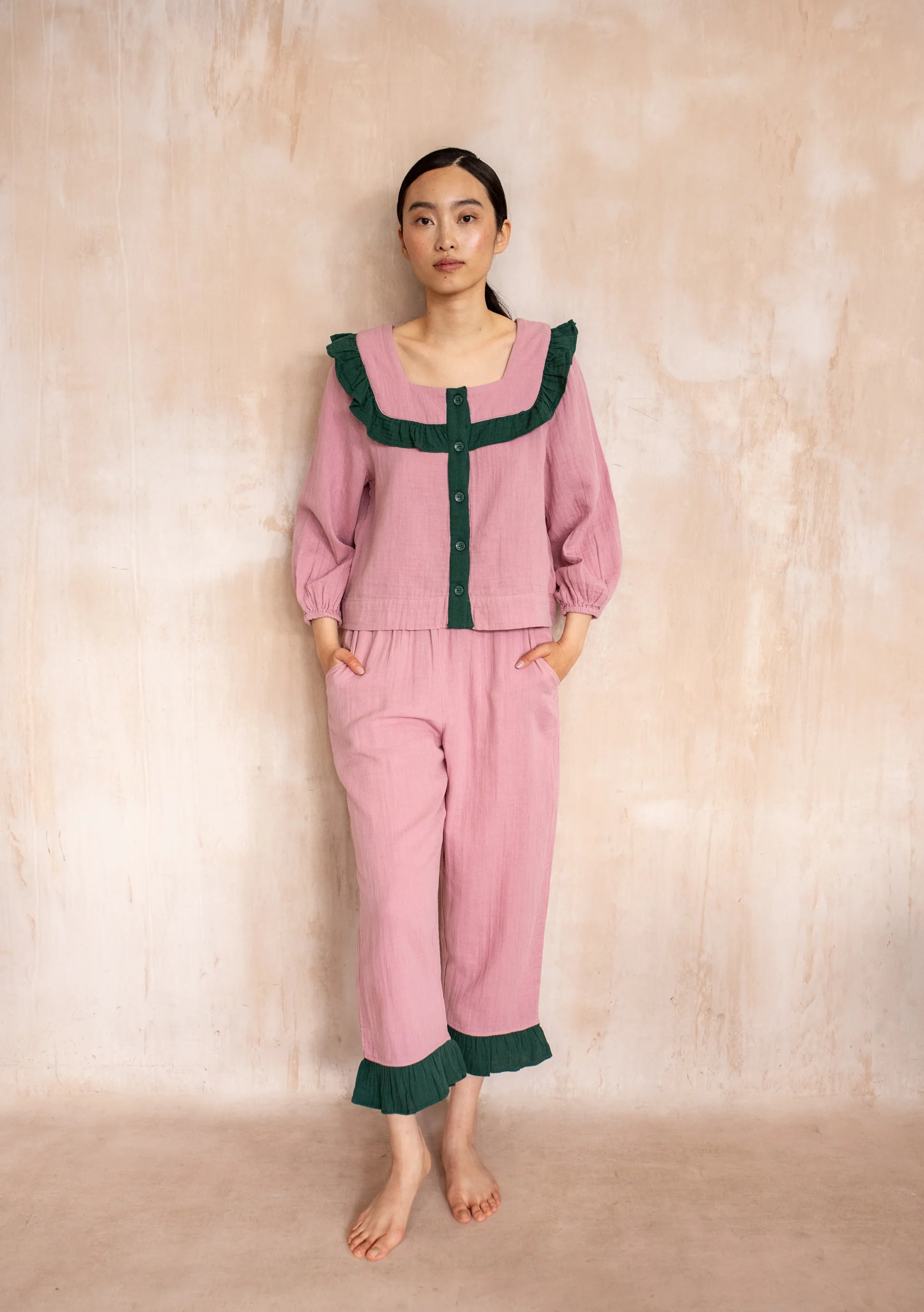 Cropped Cotton Pyjamas in Pink Ruffle