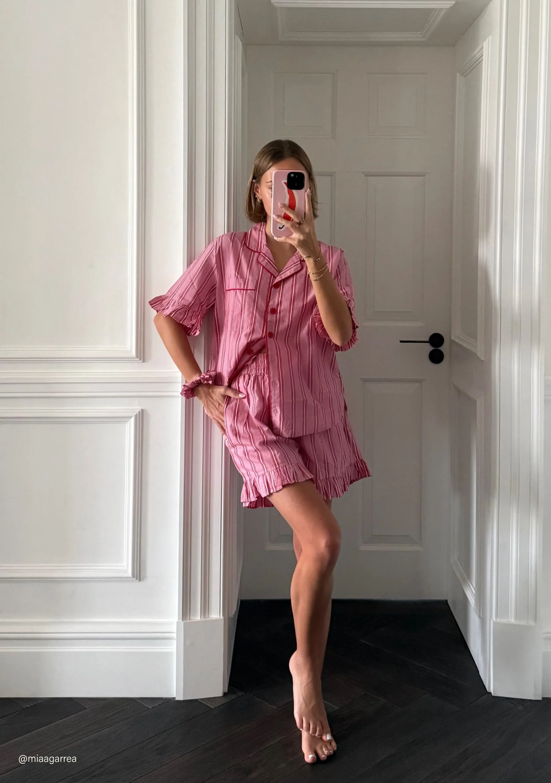 Cotton Pyjamas in Red Stripe Ruffle - Image 2