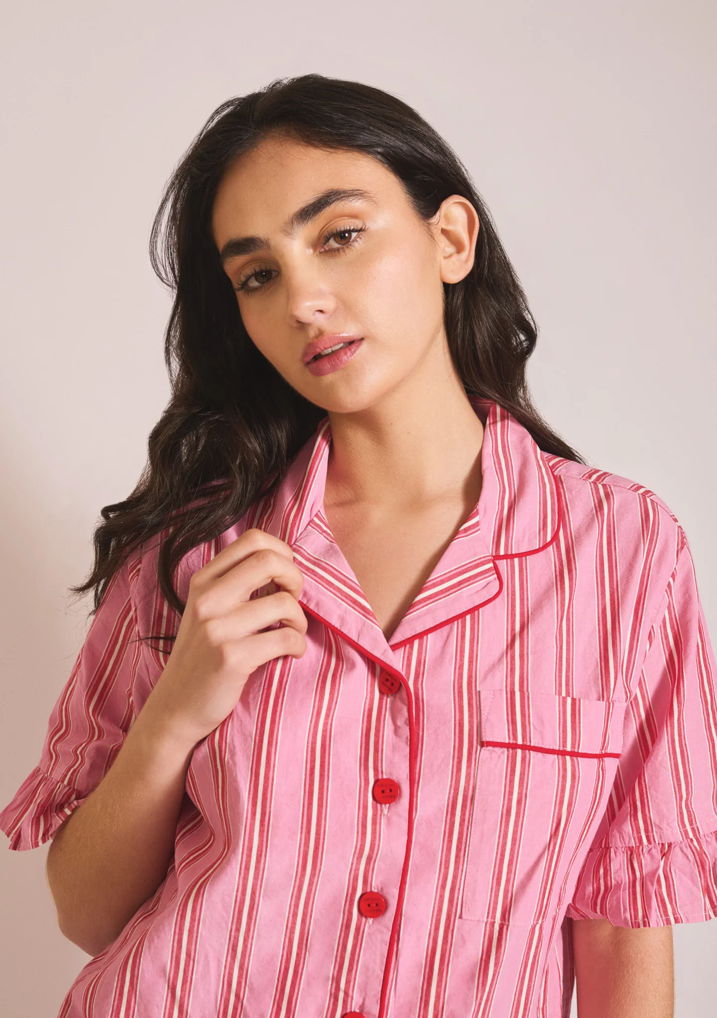 Cotton Pyjamas in Red Stripe Ruffle - Image 5