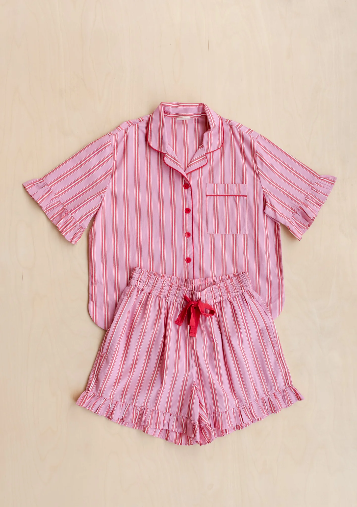 Cotton Pyjamas in Red Stripe Ruffle - Image 6