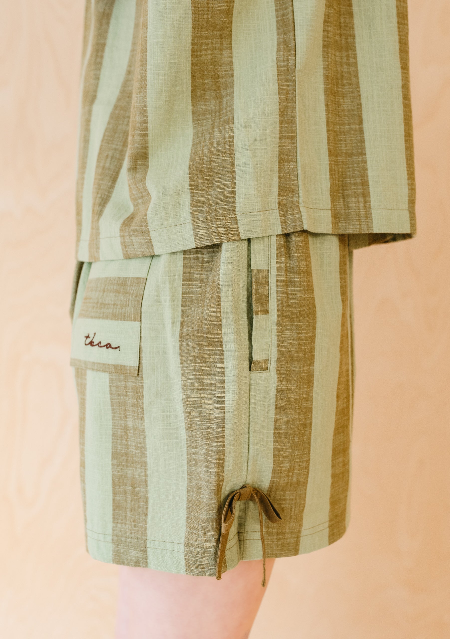Cotton Tie Shorts in Green Stripe