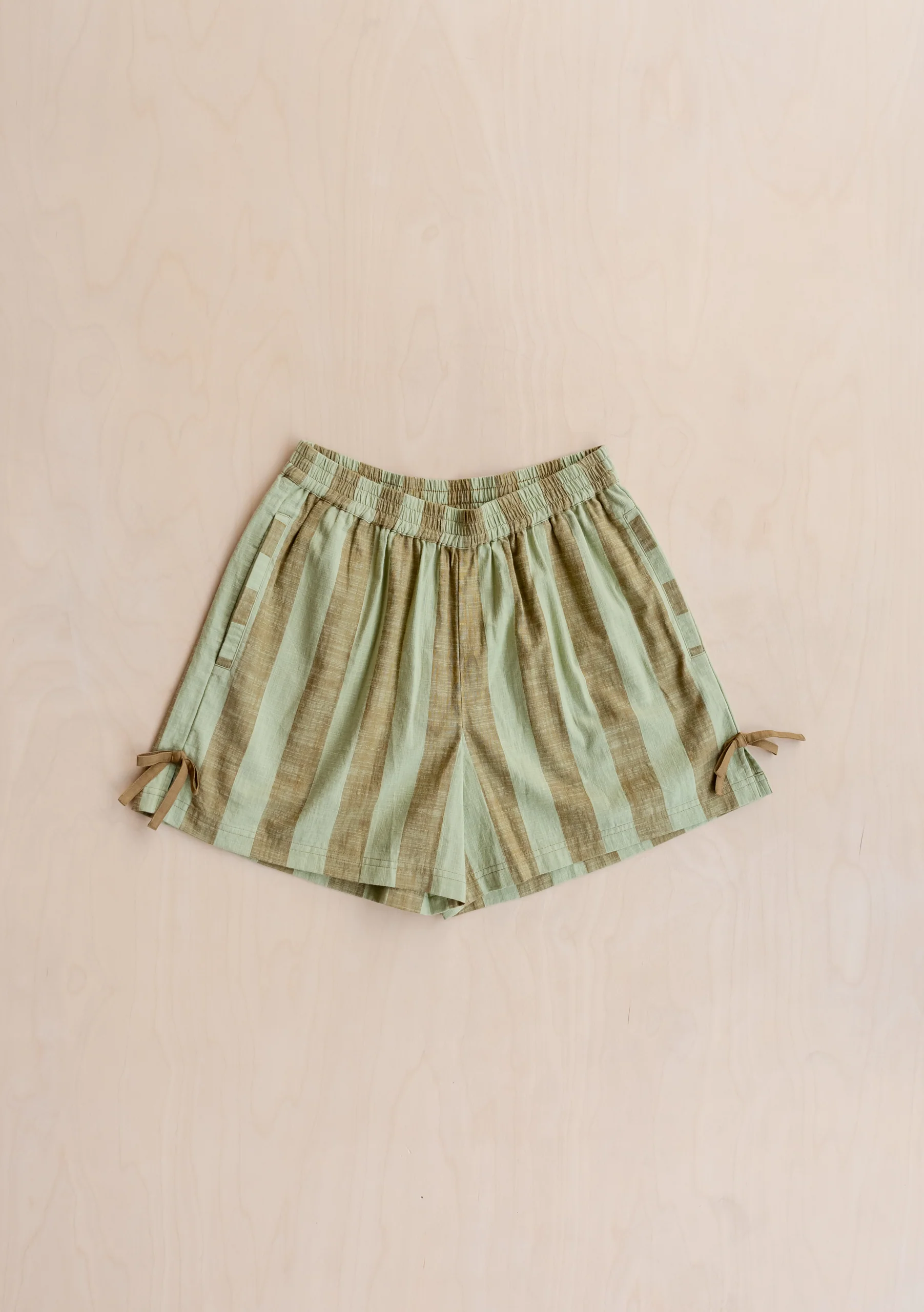 Cotton Tie Shorts in Green Stripe - Image 2