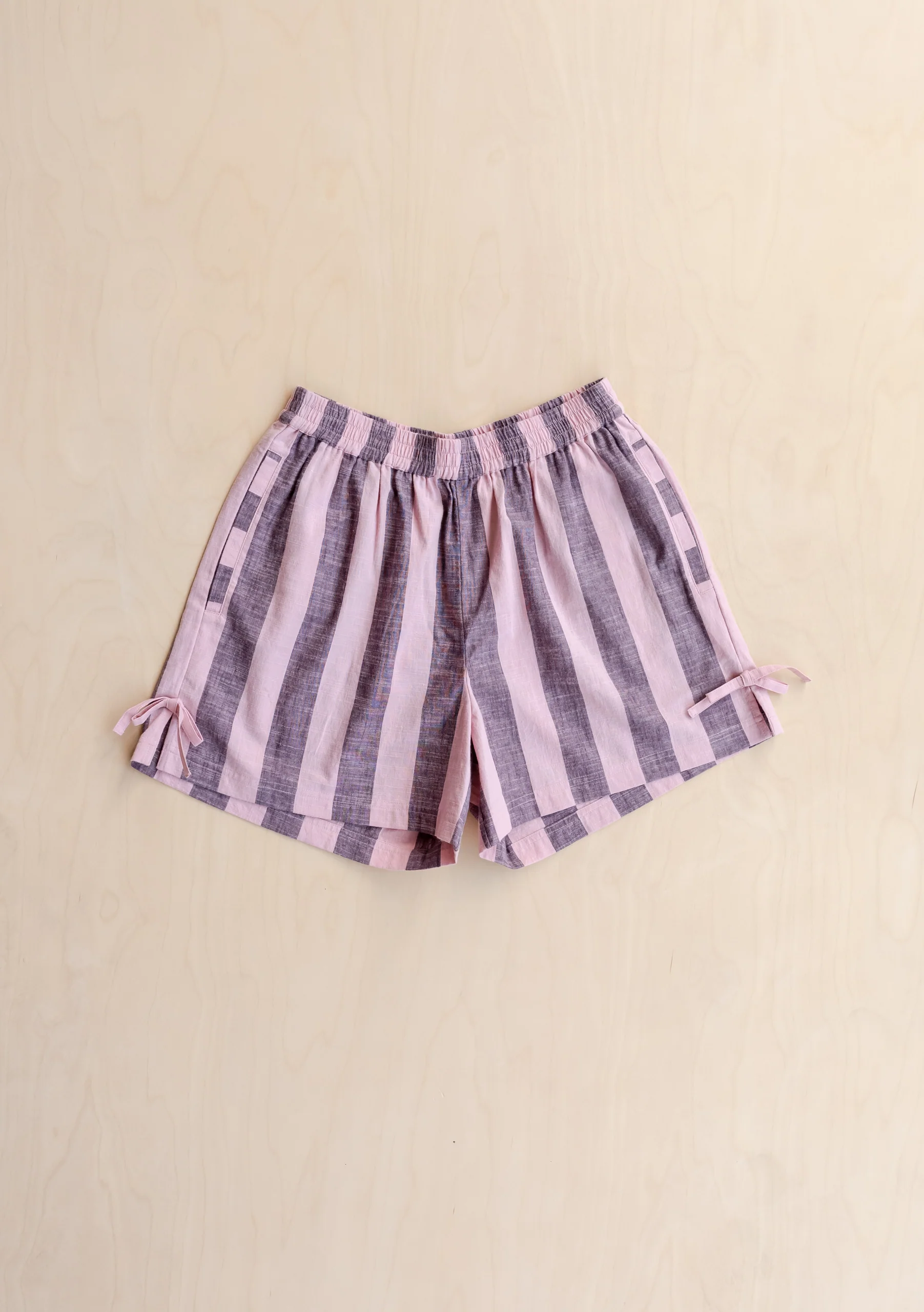 Cotton Tie Shorts in Pink & Burgundy Stripe - Image 2