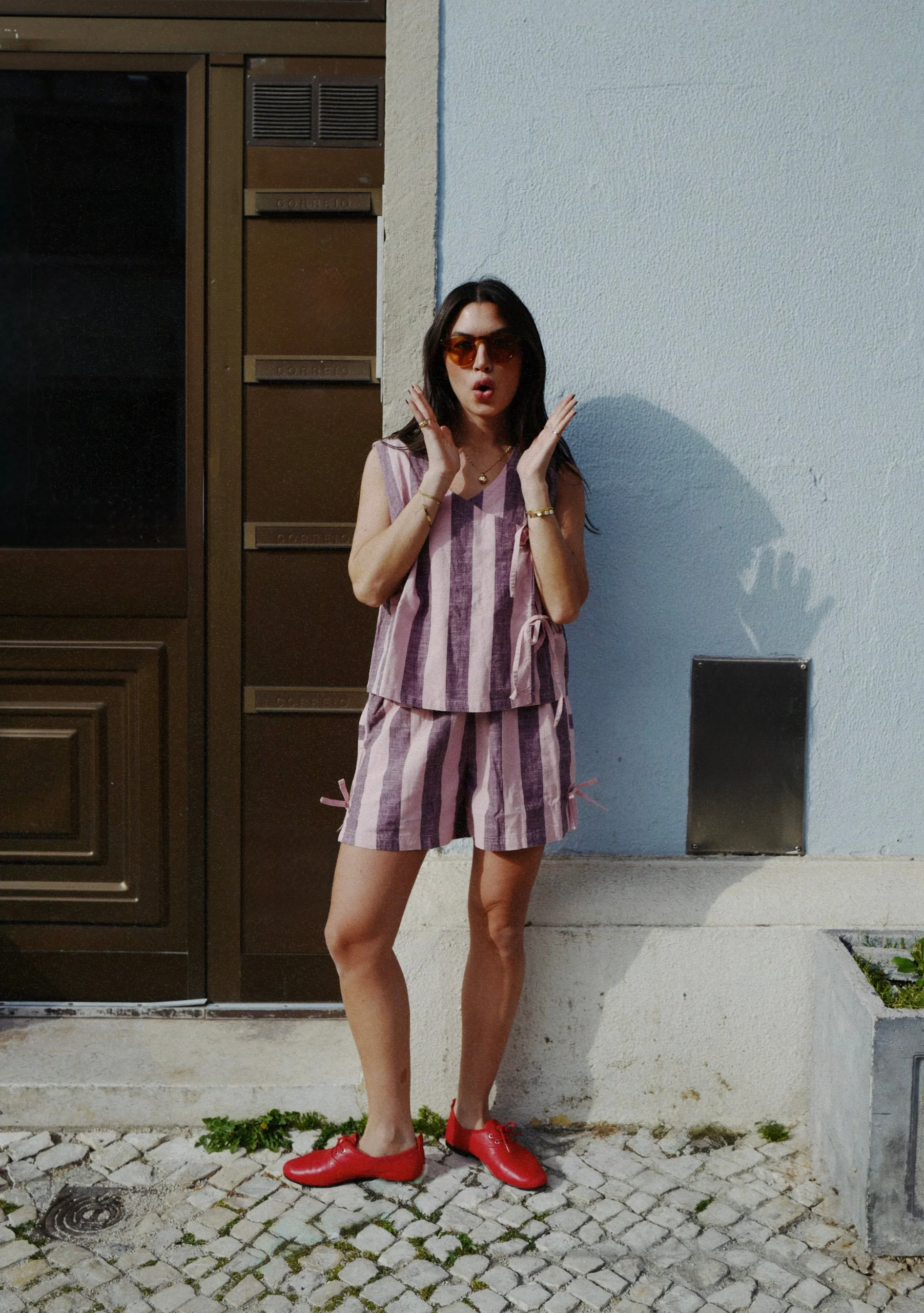 Cotton Tie Shorts in Pink & Burgundy Stripe - Image 3