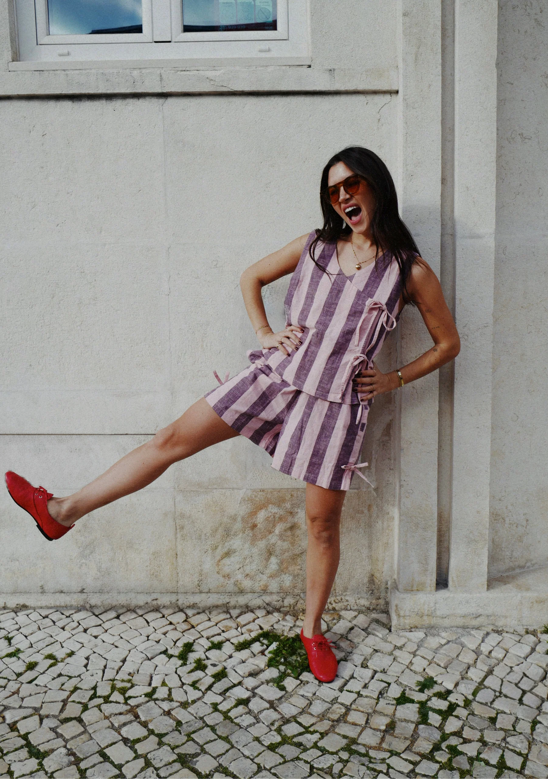 Cotton Tie Top in Pink & Burgundy Stripe - Image 3