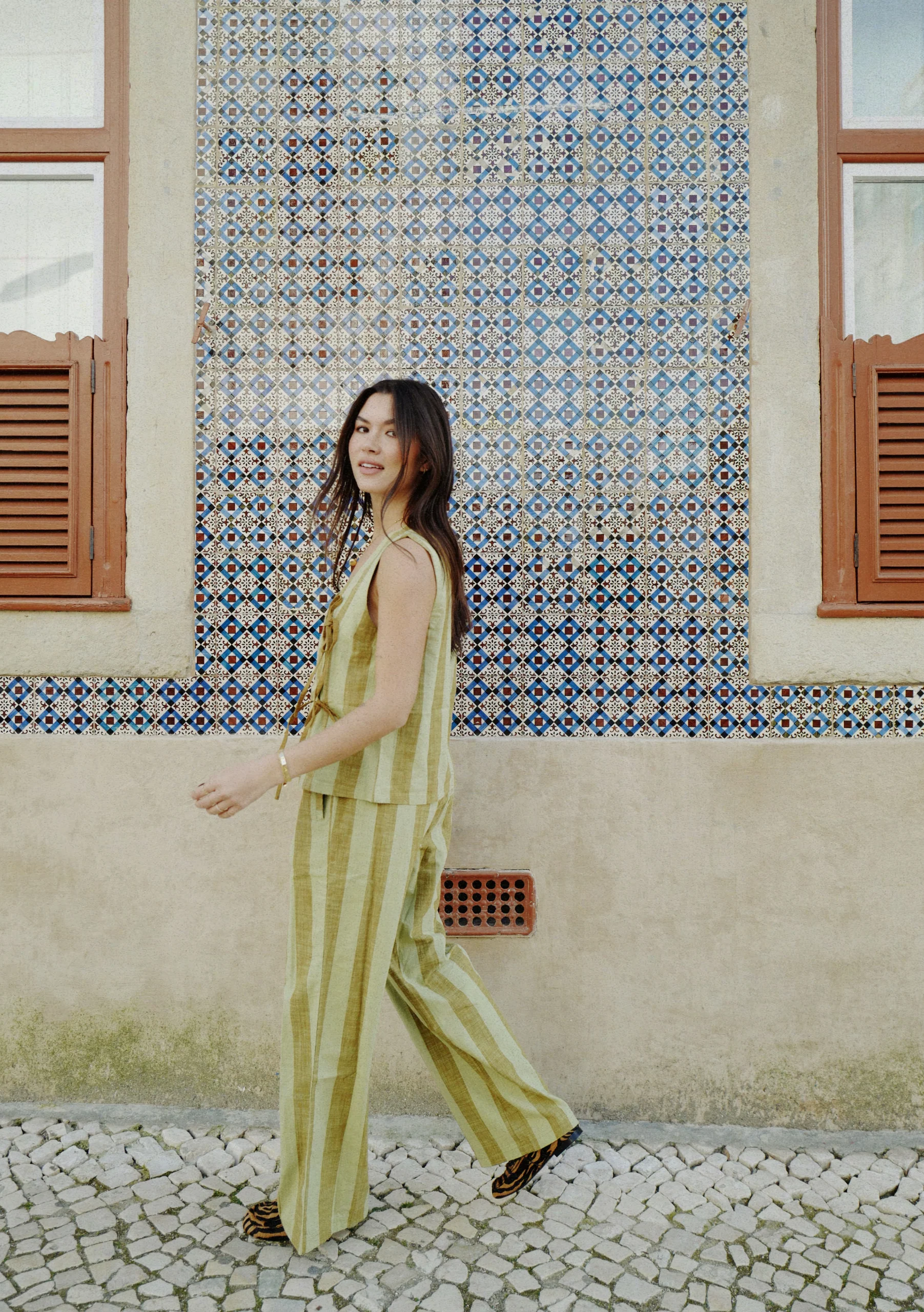 Cotton Trousers in Green Stripe