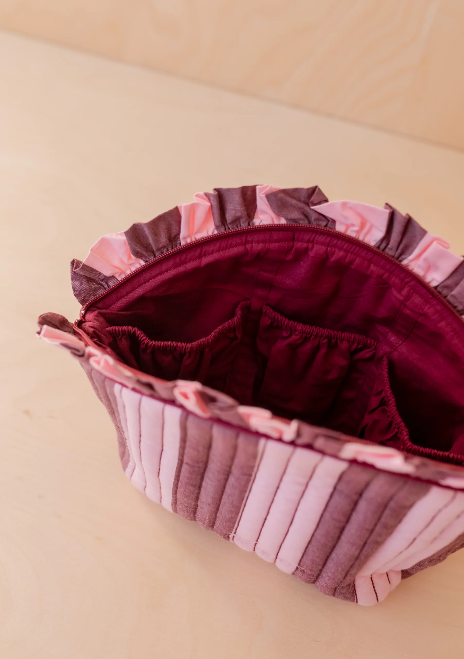 Cotton Wash Bag in Pink & Burgundy Stripe - Image 3