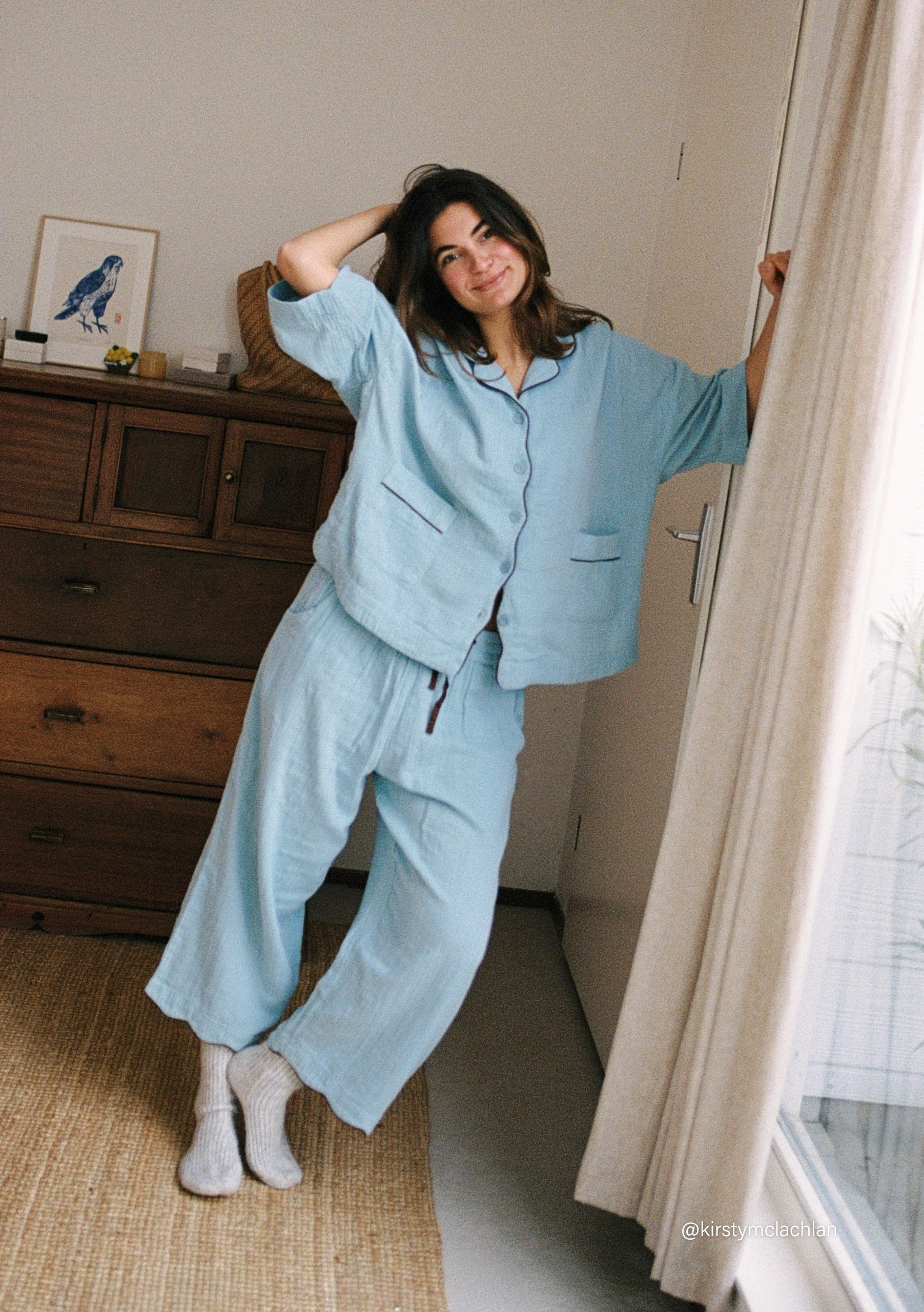 Cropped Cotton Pyjamas in Blue - Image 2