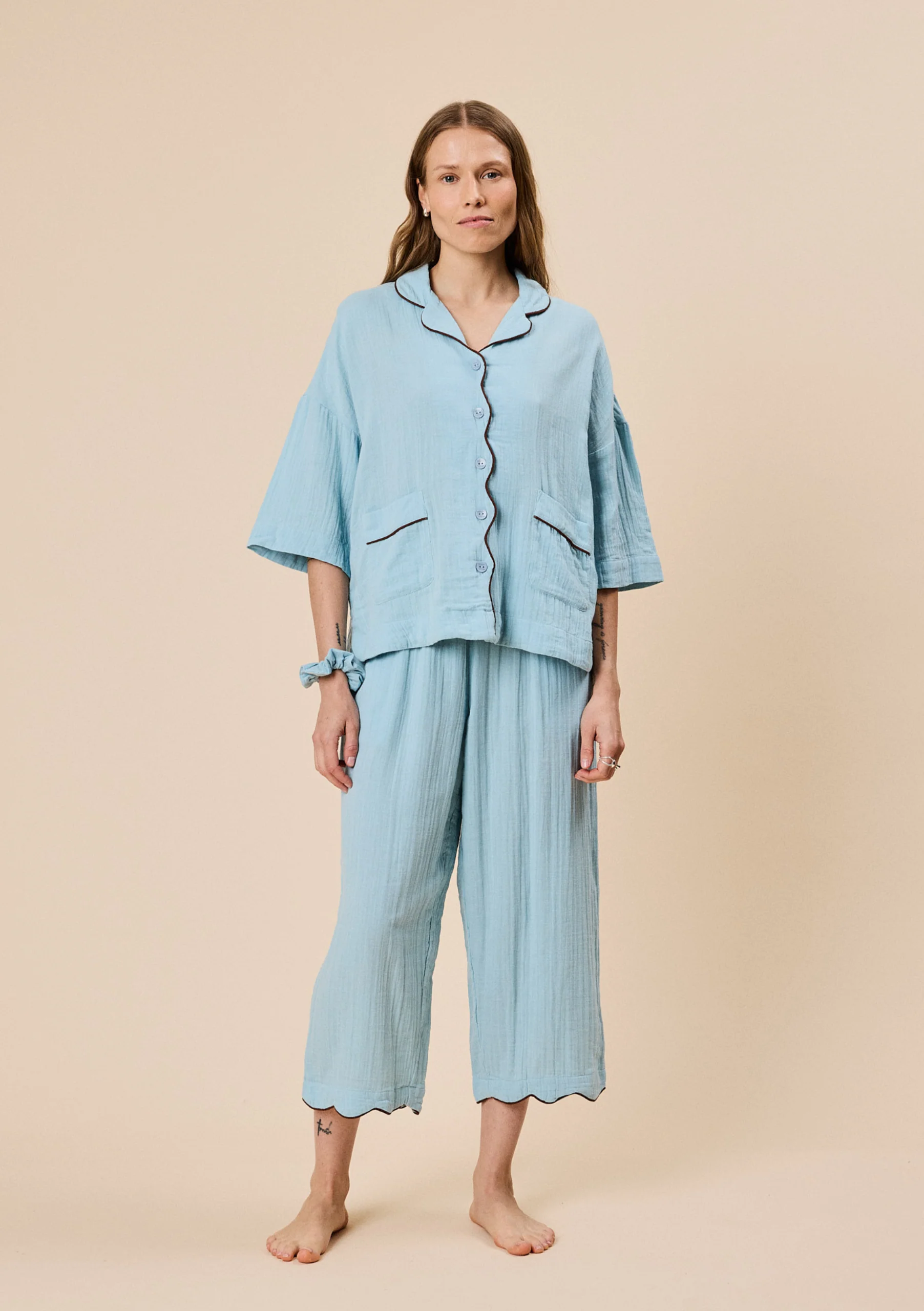 Cropped Cotton Pyjamas in Blue - Image 4