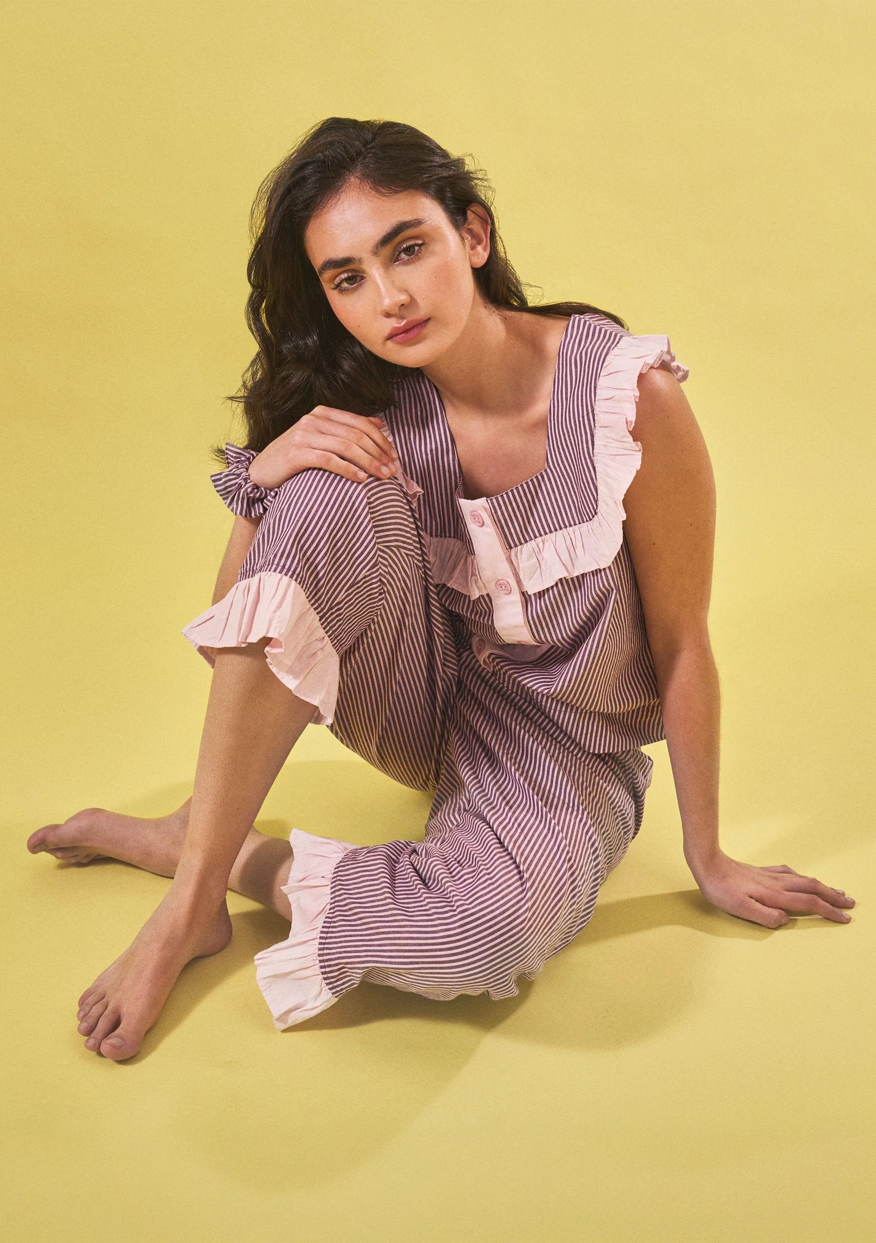 Cropped Cotton Pyjamas in Burgundy Stripe Ruffle - Image 2