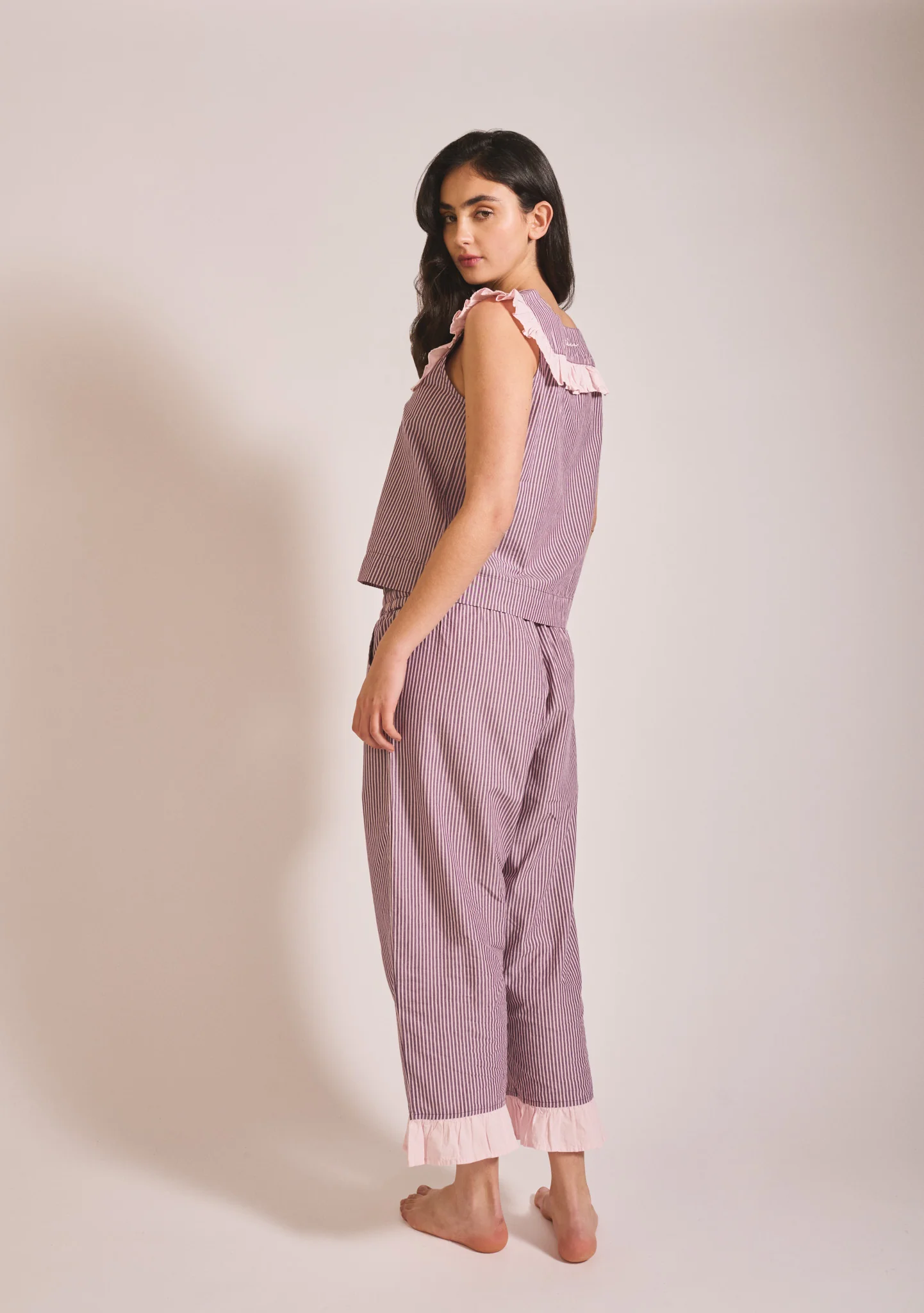 Cropped Cotton Pyjamas in Burgundy Stripe Ruffle - Image 3