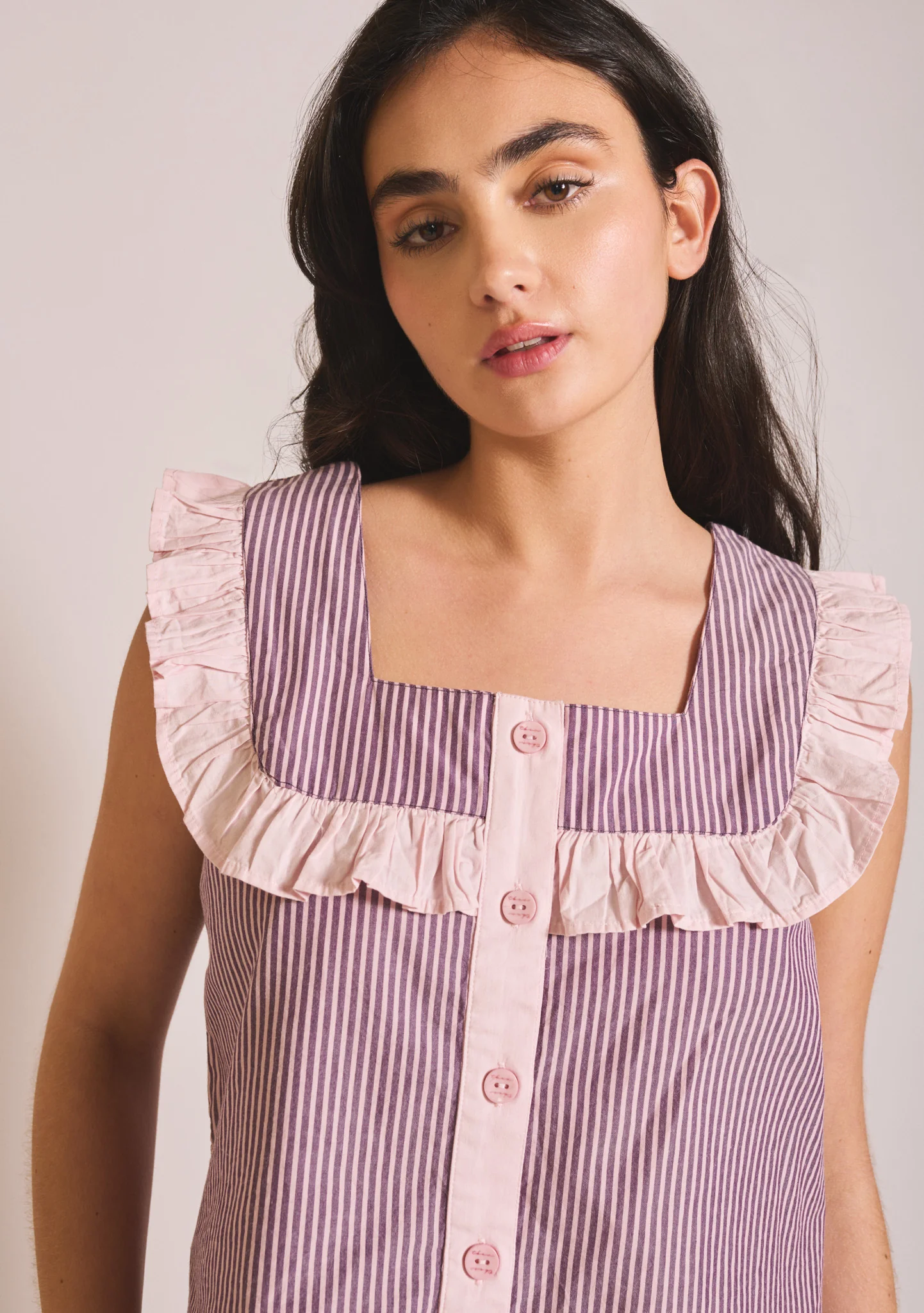 Cropped Cotton Pyjamas in Burgundy Stripe Ruffle - Image 4
