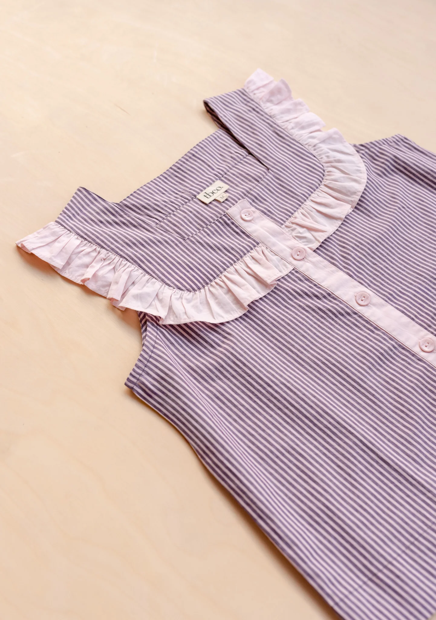 Cropped Cotton Pyjamas in Burgundy Stripe Ruffle - Image 6
