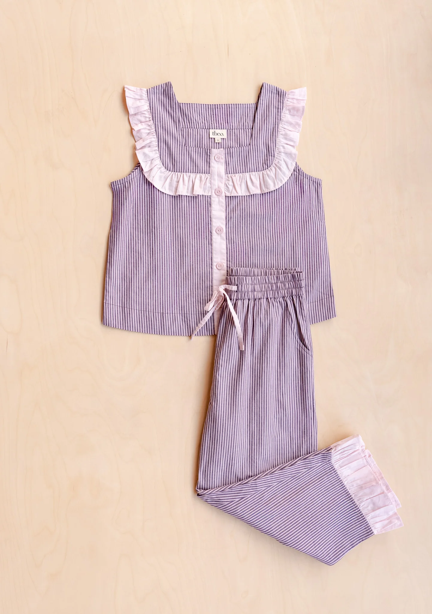 Cropped Cotton Pyjamas in Burgundy Stripe Ruffle - Image 7
